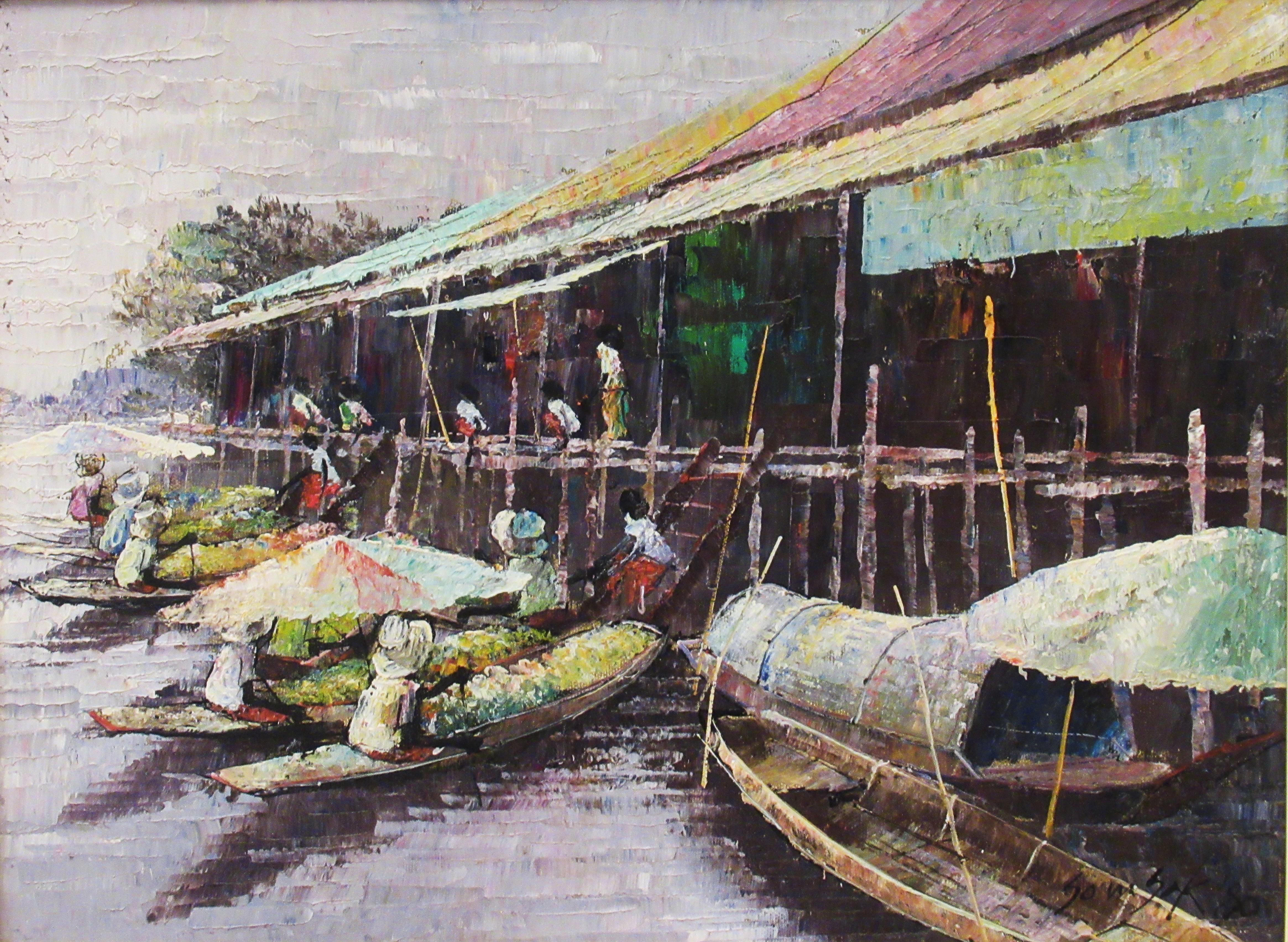 Schwebender Markt, Thailand – Painting von Somsak Chowtadapong