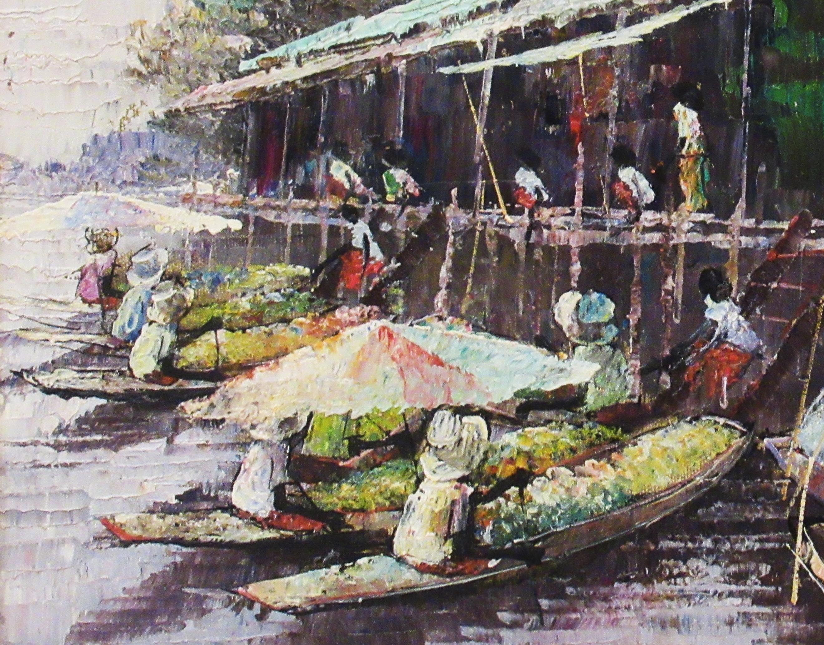 Schwebender Markt, Thailand (Impressionismus), Painting, von Somsak Chowtadapong