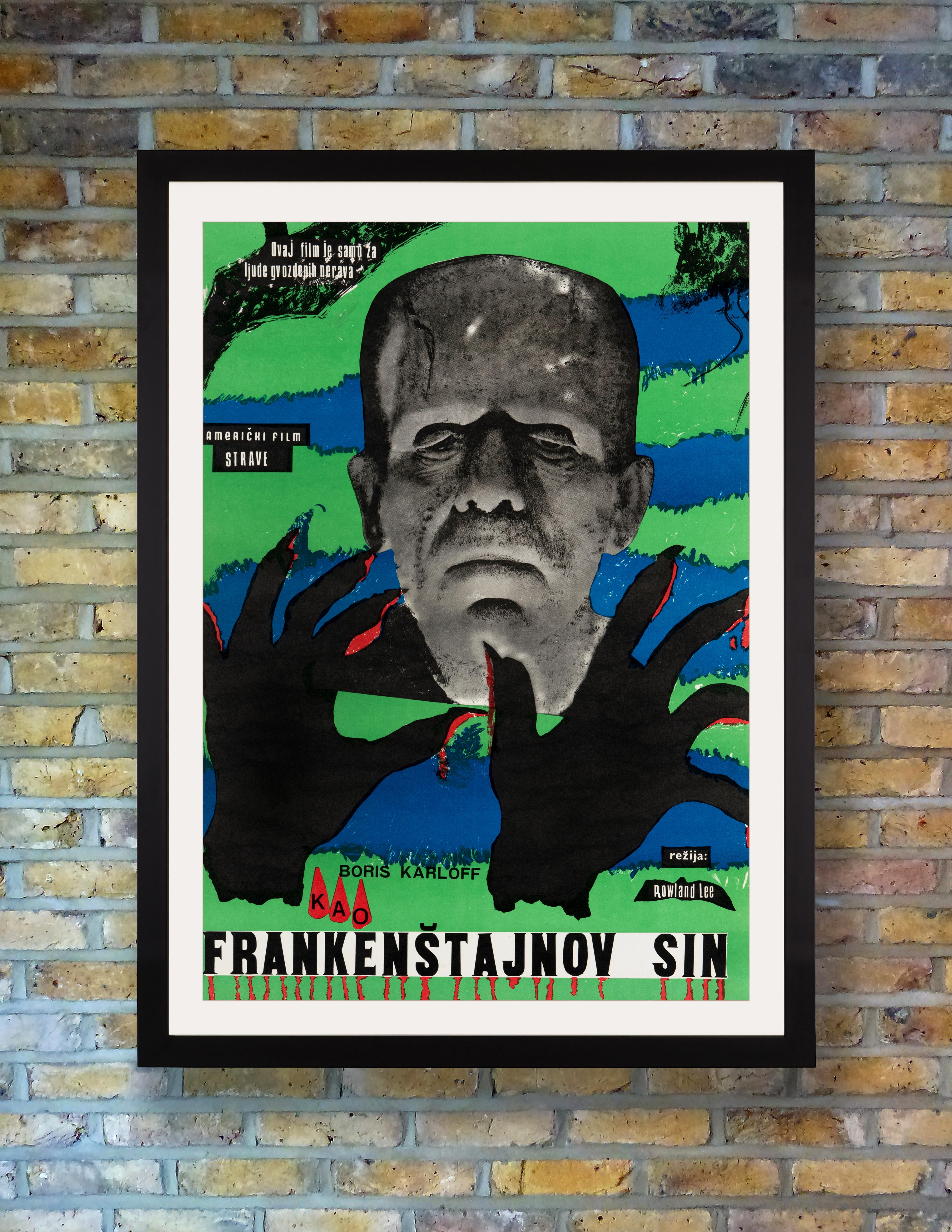 An eerie Yugoslavian poster for a 1950s re-release of the 1939 Universal horror 'Son of Frankenstein,' the third film in the classic Universal 'Frankenstein' series based on Mary Shelley's chilling gothic novel, and the follow-up to 'Bride of