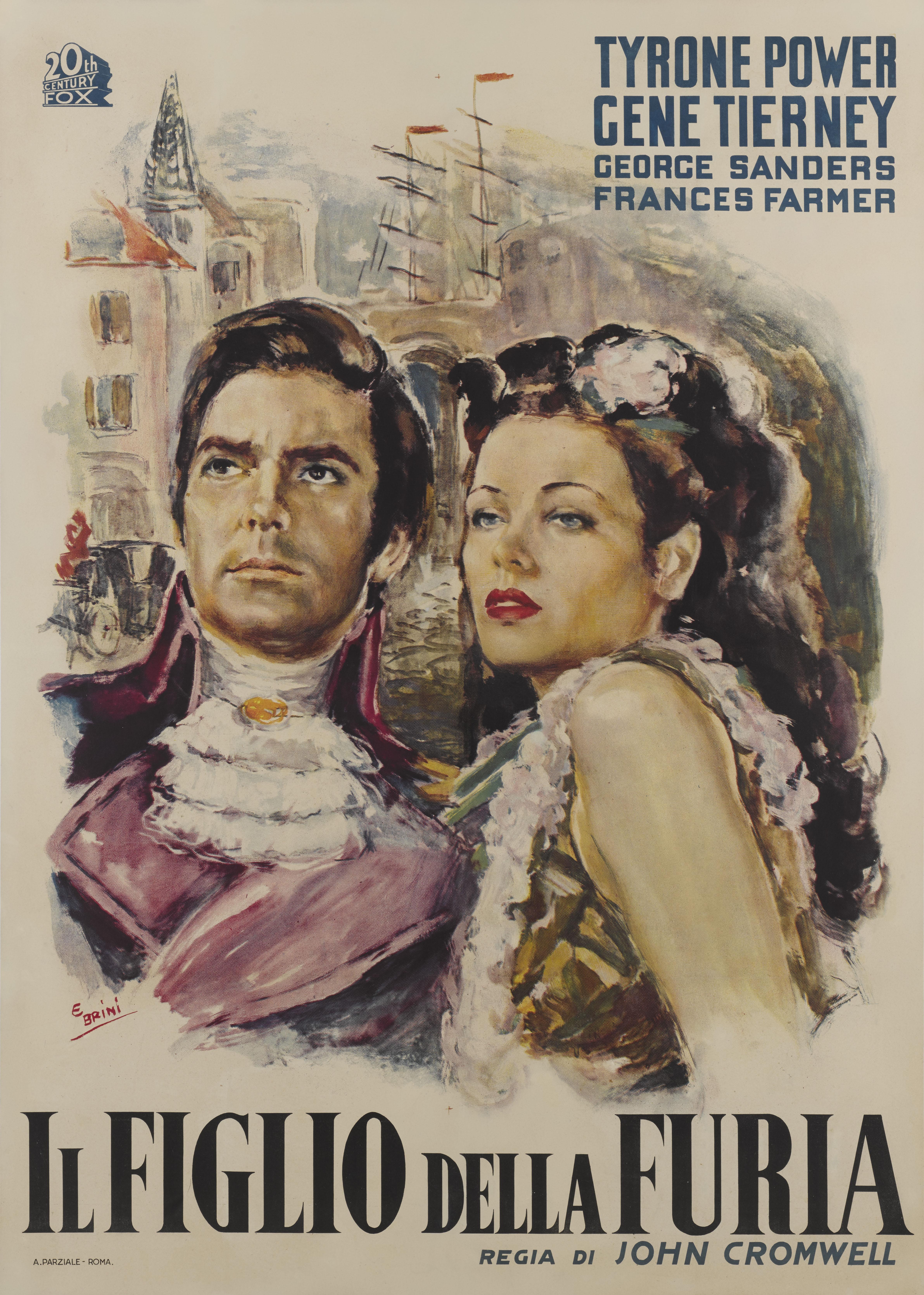Original Italian film poster for the 1942 film Son of Fury starring Tyrone Power, Gene Tierney and George Sanders.
This film was directed by John Cromwell. This poster was created by the wonderful Italian artist Ercole Brini (1913-1989) and used