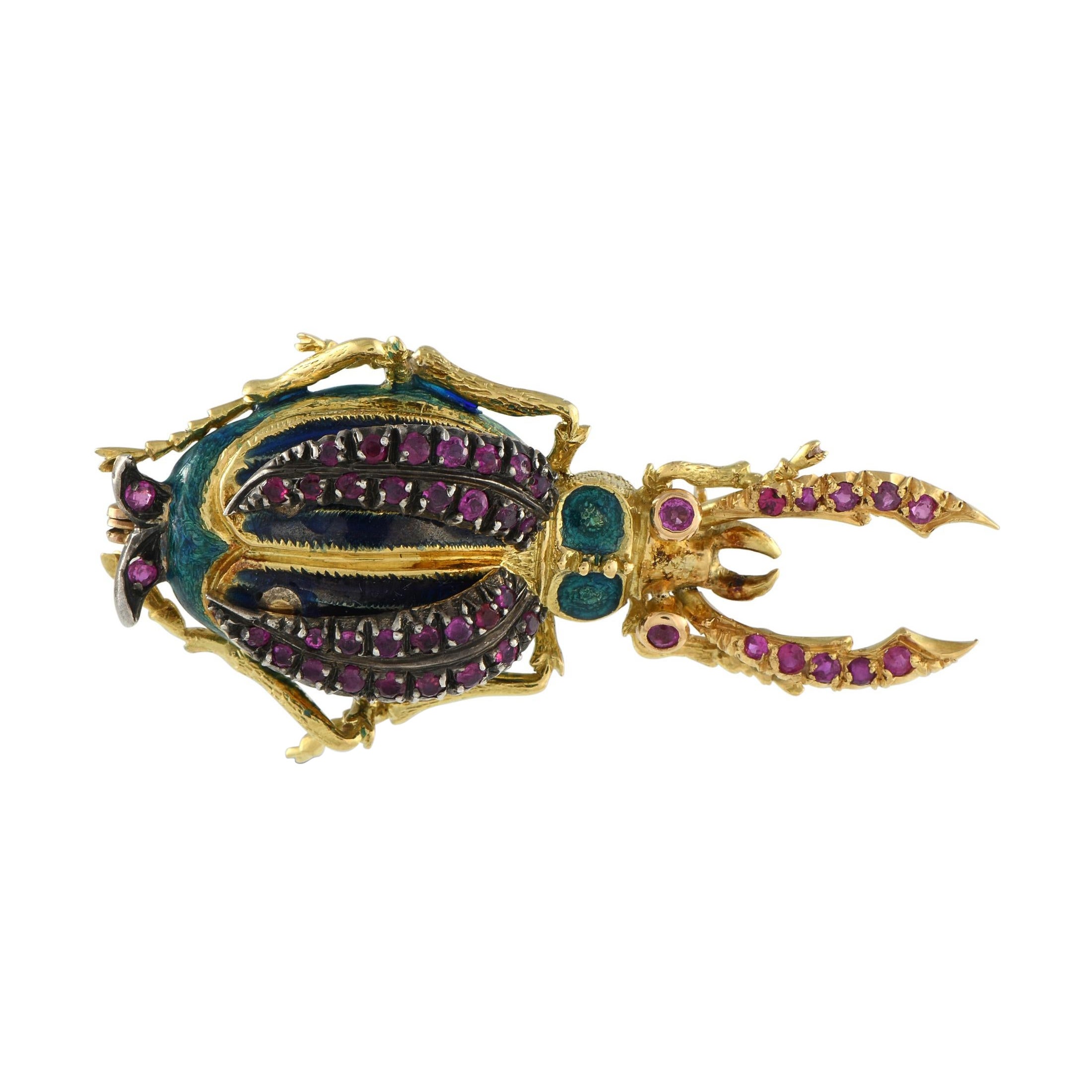 Broche scarabée Victor & Lidia Franconeri & Co. en or jaune 18 carats, rubis et émail
