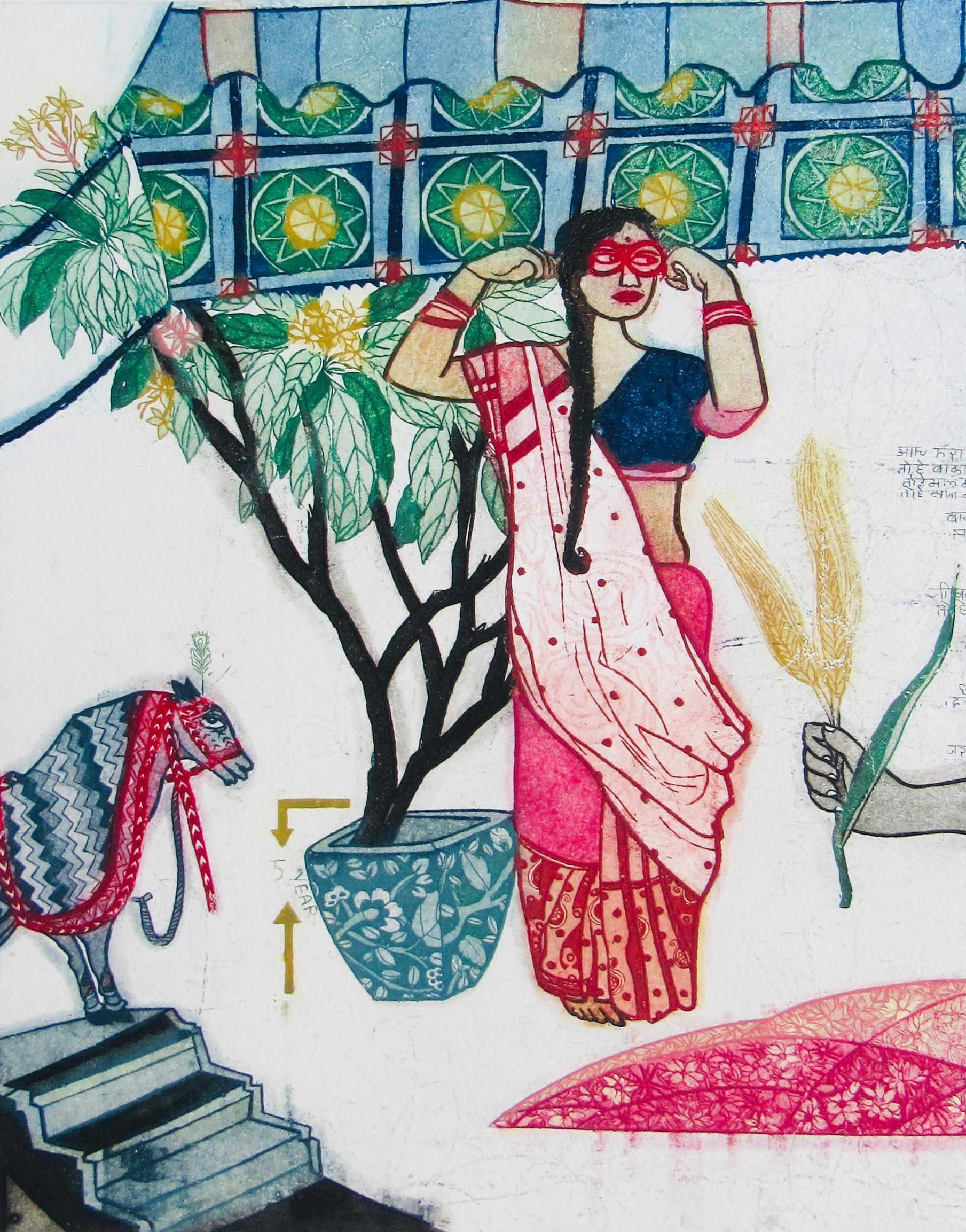 Set 5 Etchings Installation Ed 4/7 Indian Female Artist Surreal Pop Pink Blue For Sale 1