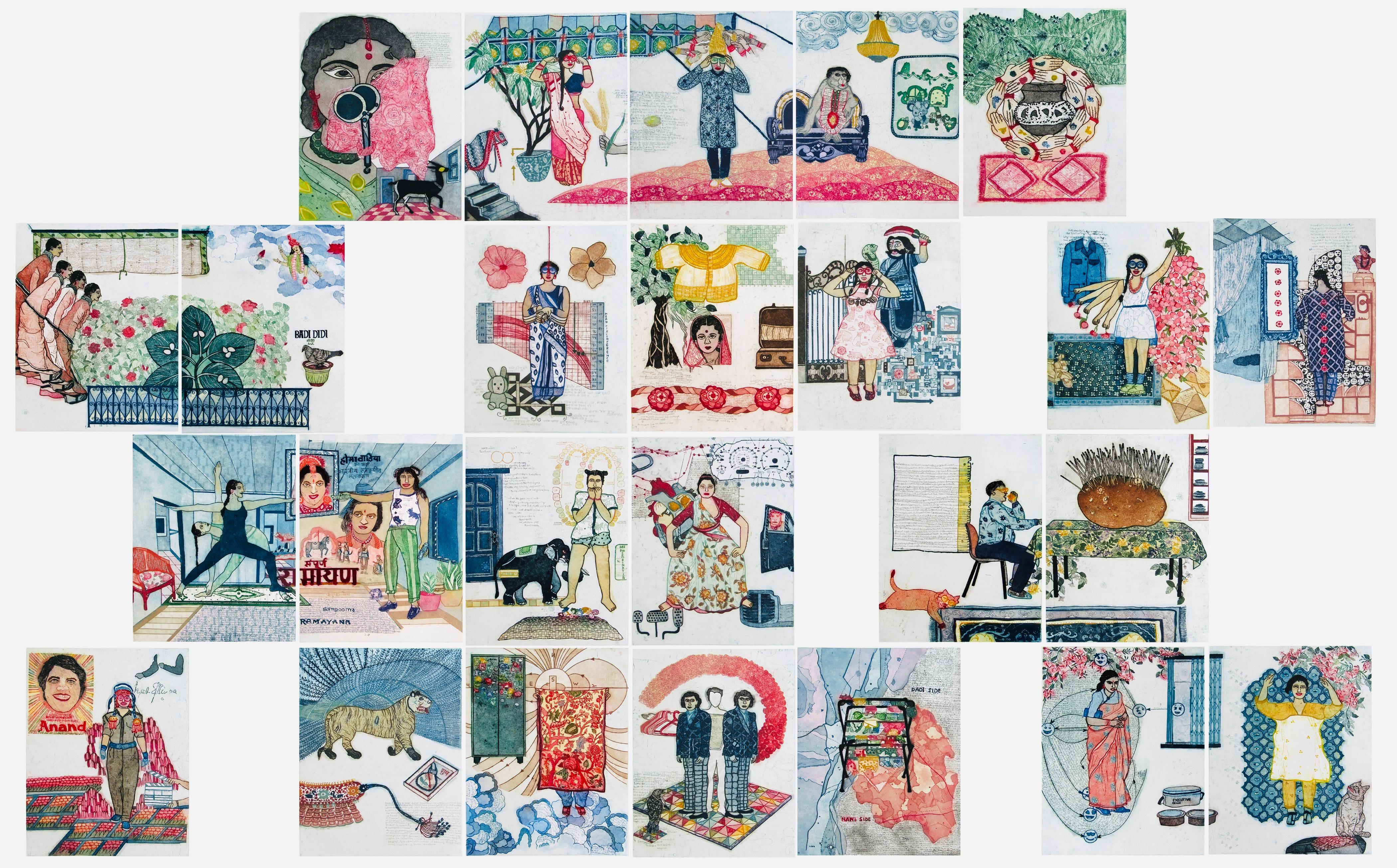 Großes Set 25 Radierungsset, Pop-Art, weibliche Künstlerin, Indien, Ed 4/7, Geschichtenerzählung