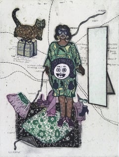 Surreal Pop Art Limited Edition Etching Indian Artist Woman Cat Green Purple