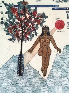Surreal Pop Art Limited Edition Etching Indian Artist Woman Map Tree Woman Blue