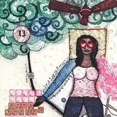 Surreal Pop Art Limited Edition Etching Indian Artist Woman Pink Blue Green