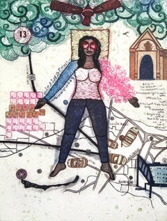 Peinture - Pop Art surréaliste - Édition limitée - Artiste indienne - Femme rose, bleue et verte