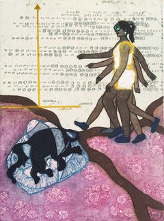 Peinture - Pop Art surréaliste - Édition limitée - Artiste indienne - Femme éléphant rose bleu