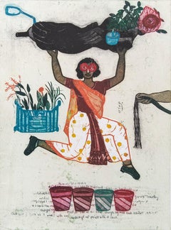 Peinture - Pop Art surréaliste - Édition limitée - Artiste indienne - Femme roses oranges bleues