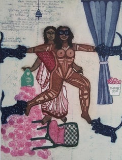 Surreale Pop Art Limited Edition Radierung indischer Künstlerin, Mädchen, rosa, blaue Katzen