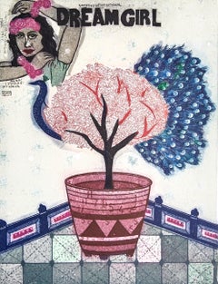  Surréaliste, gravure à l'eau-forte en édition limitée d'une artiste indienne, femme pop art, arbre rose et bleu