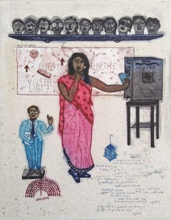 Surreal Pop Art Limited Edition Etching Indian Artist Woman Girl Pink Blue