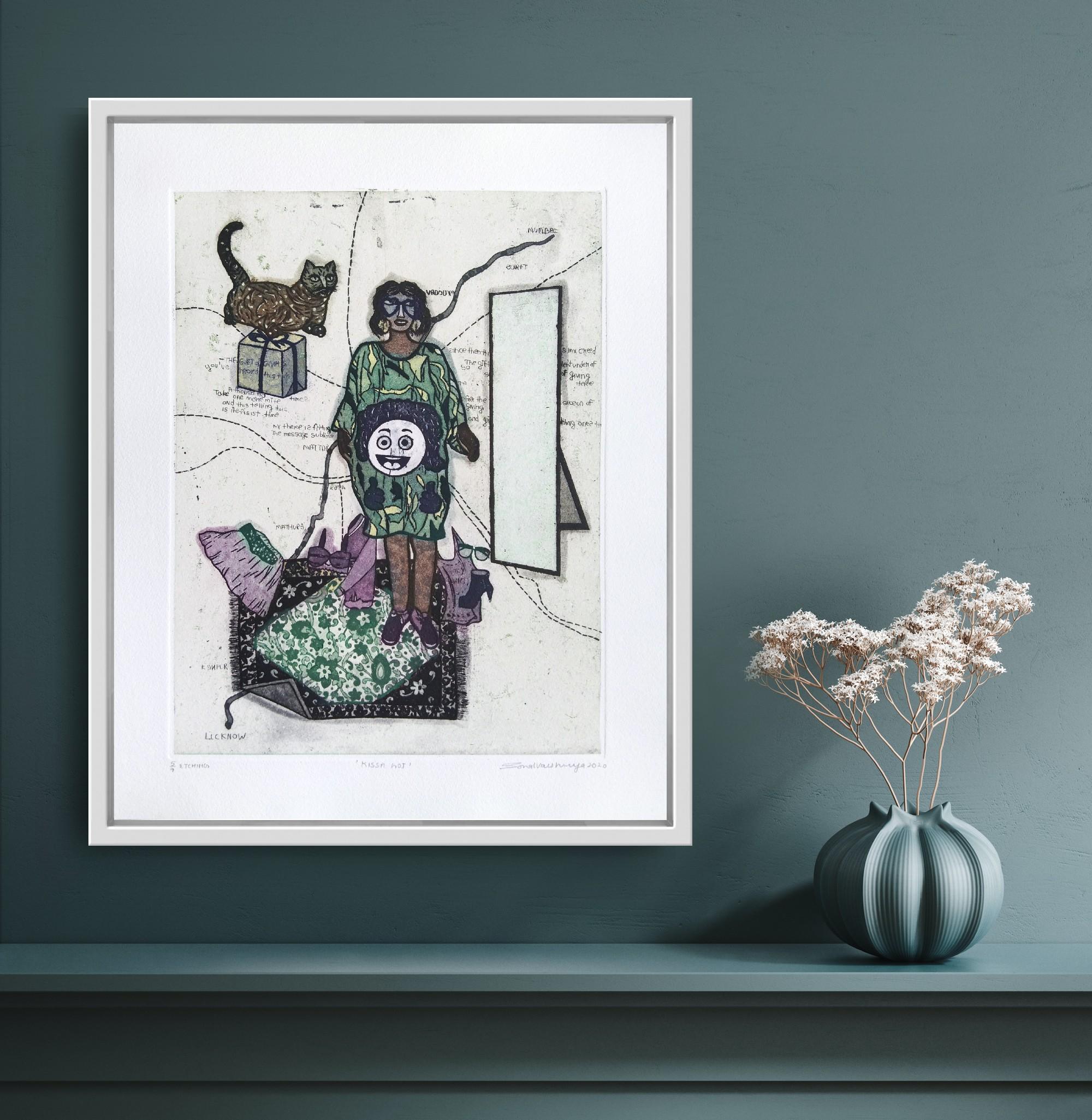 Pop Art Culture Etching Edition 2/5 India Lucknow Artist Woman Cat Green Purple For Sale 11