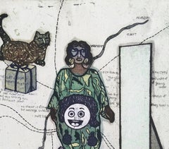 Pop Art Culture Etching Edition 2/5 India Lucknow Artist Woman Cat Green Purple
