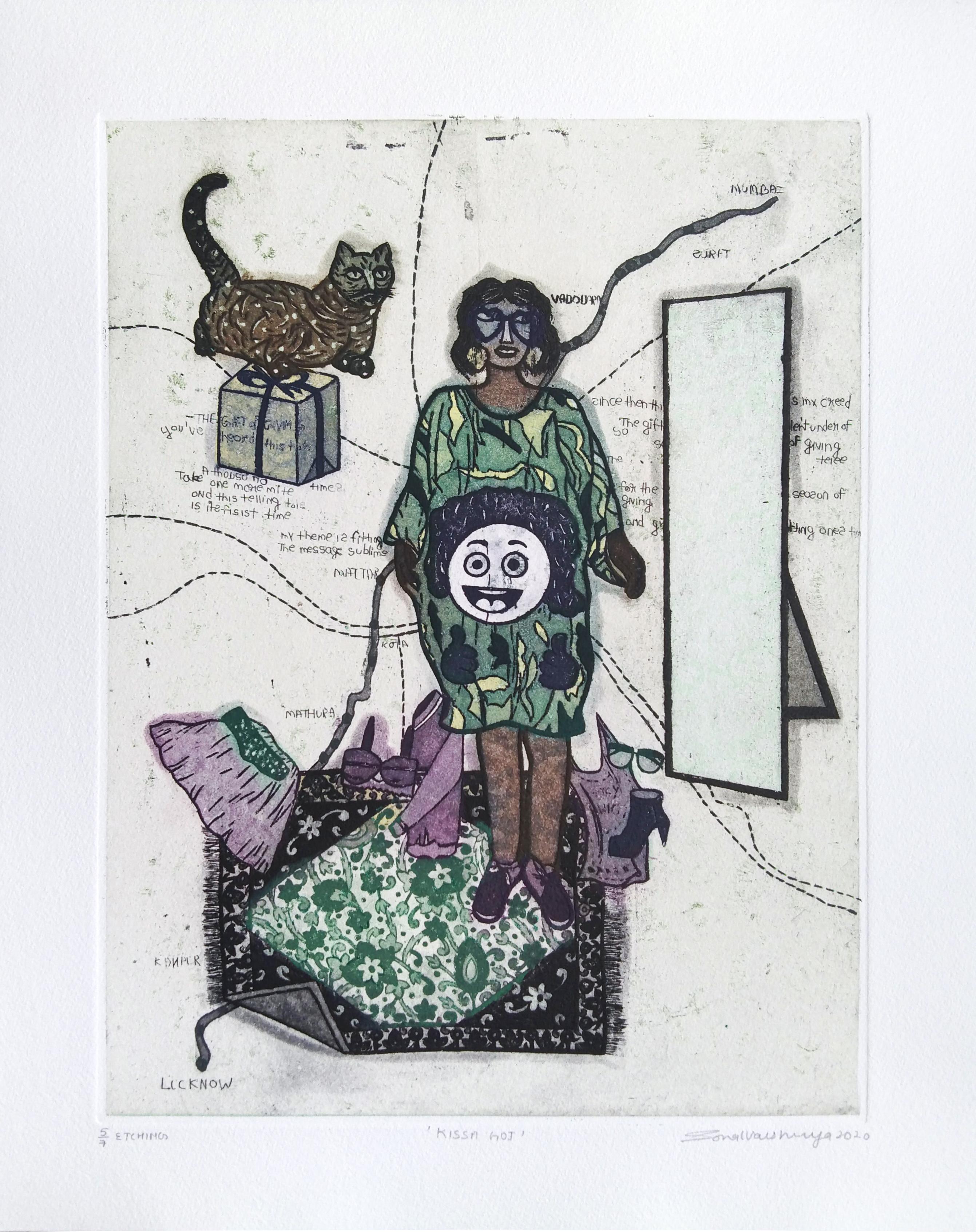Pop Art Culture Etching Edition 2/5 India Lucknow Artist Woman Cat Green Purple For Sale 1