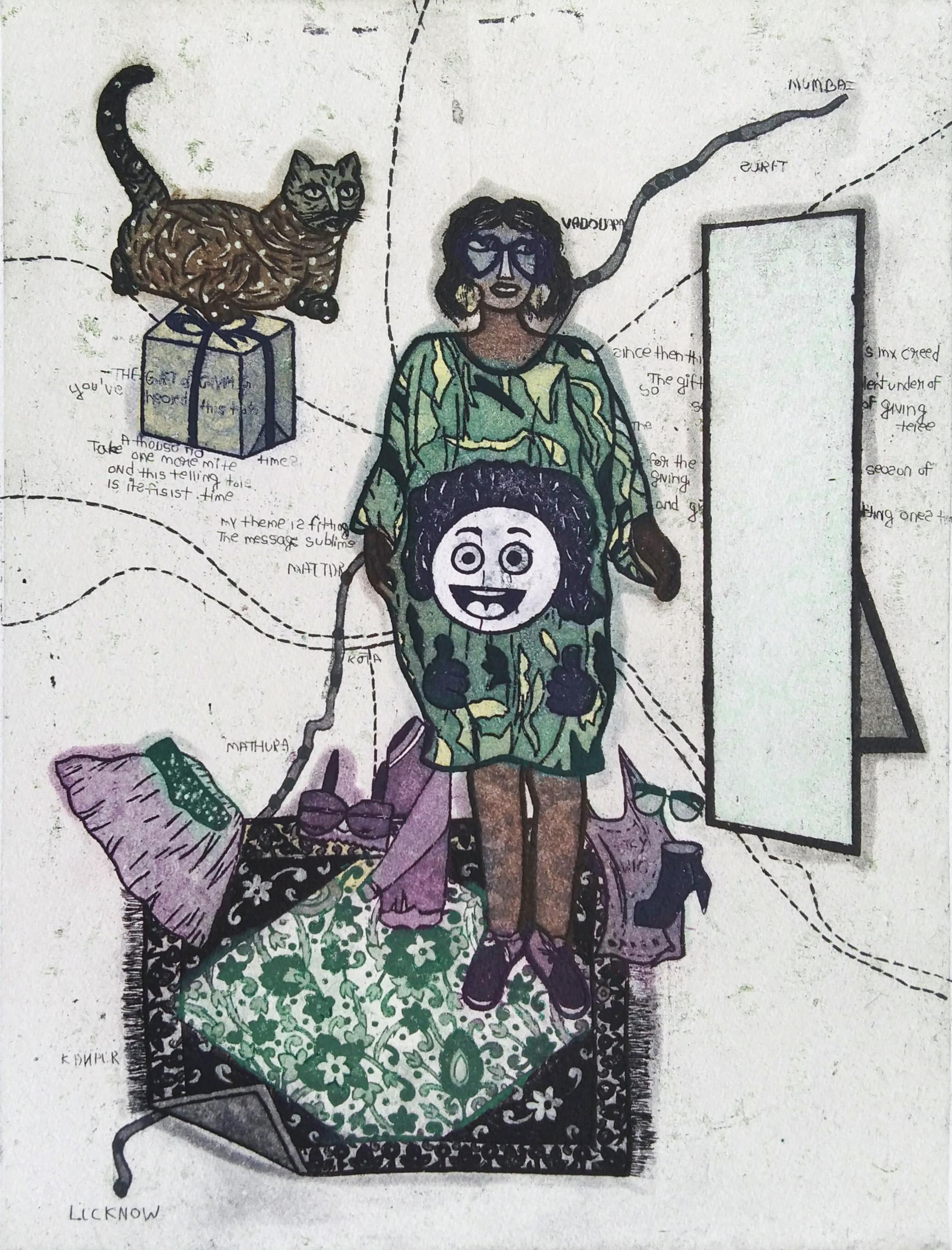 Sonal Varshneya Ojha Figurative Print - Pop Art Culture Etching Edition 2/5 India Lucknow Artist Woman Cat Green Purple