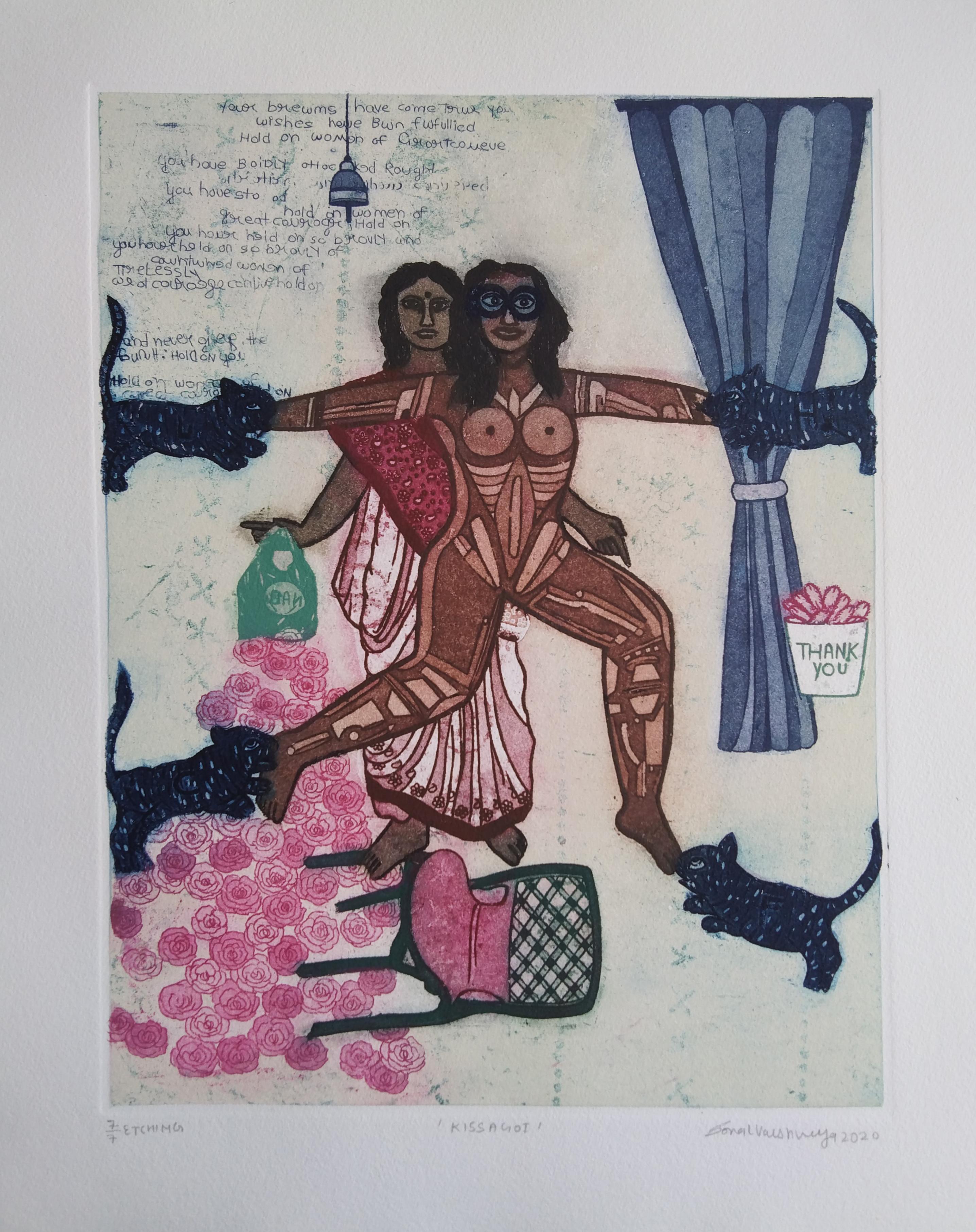 Pop Art Culture Etching Edition 2/5 India Woman Artist Girl Pink Blue Cats - Print by Sonal Varshneya Ojha