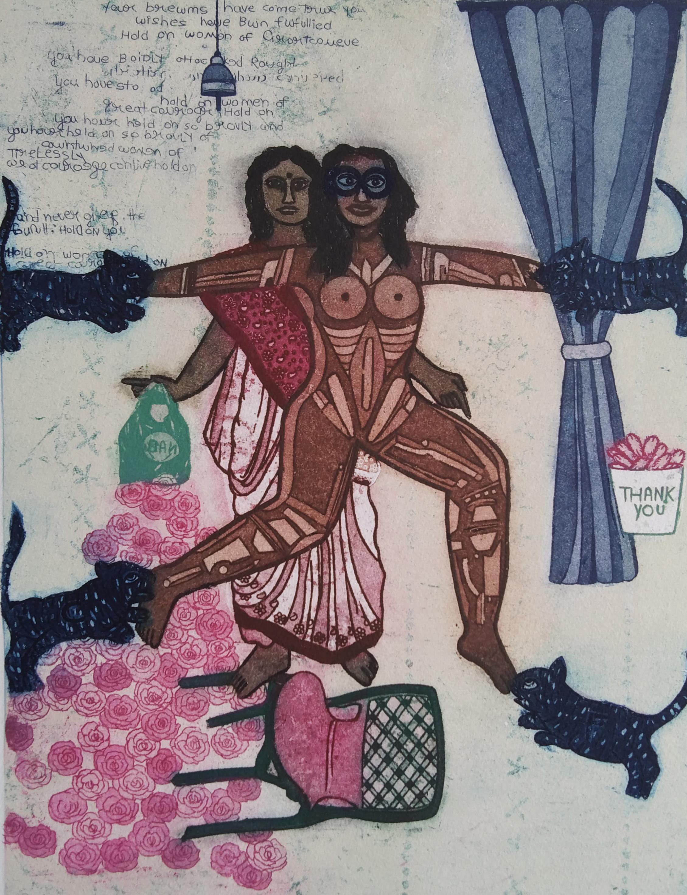Pop Art Culture, Radierung, Auflage 2/5, Indien, Künstlerin, Mädchen, rosa, blau, Katzen