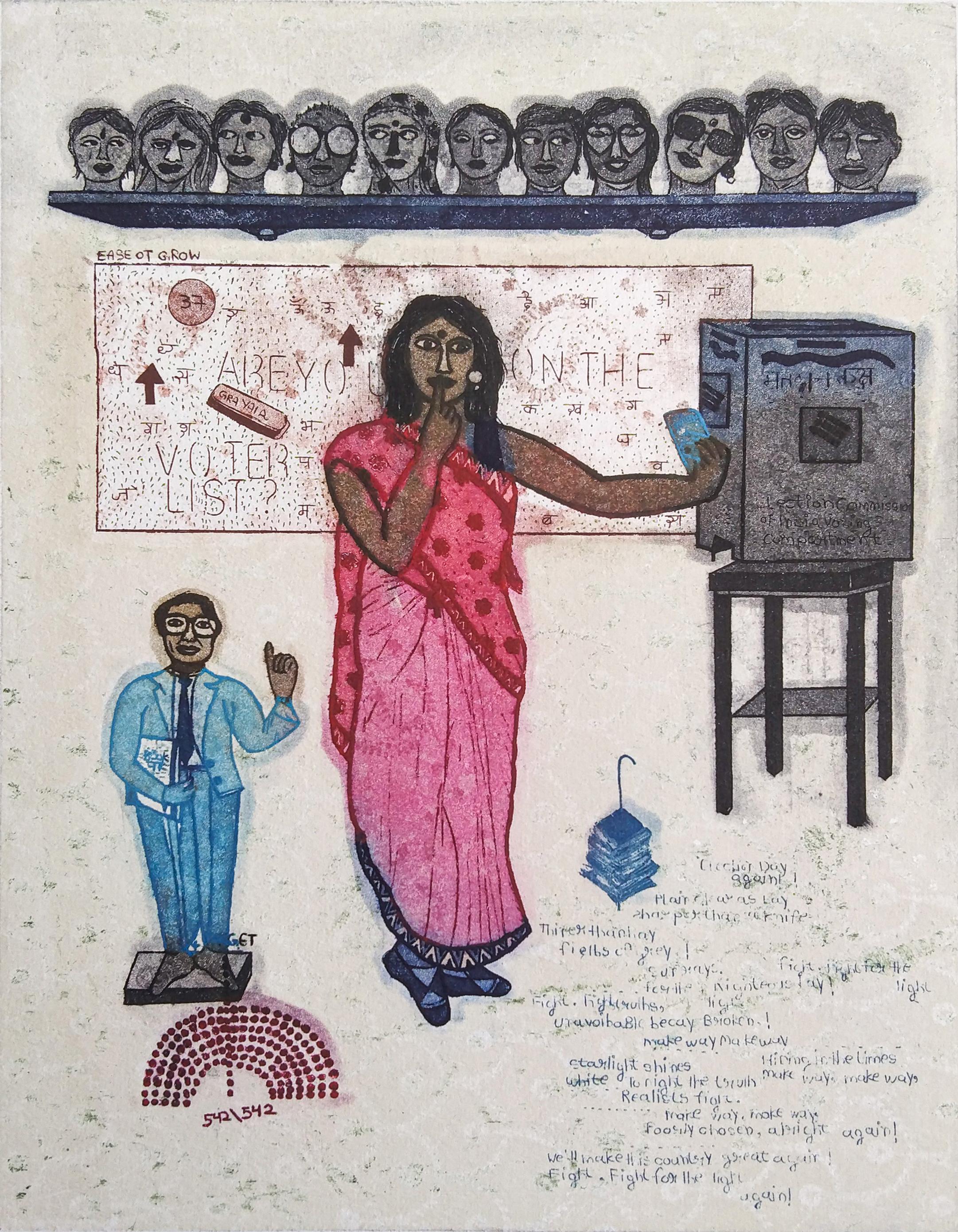 Sonal Varshneya Ojha Figurative Print -  Pop Art Edition 2/5 Etching India Lucknow Artist Woman Girl Pink Blue
