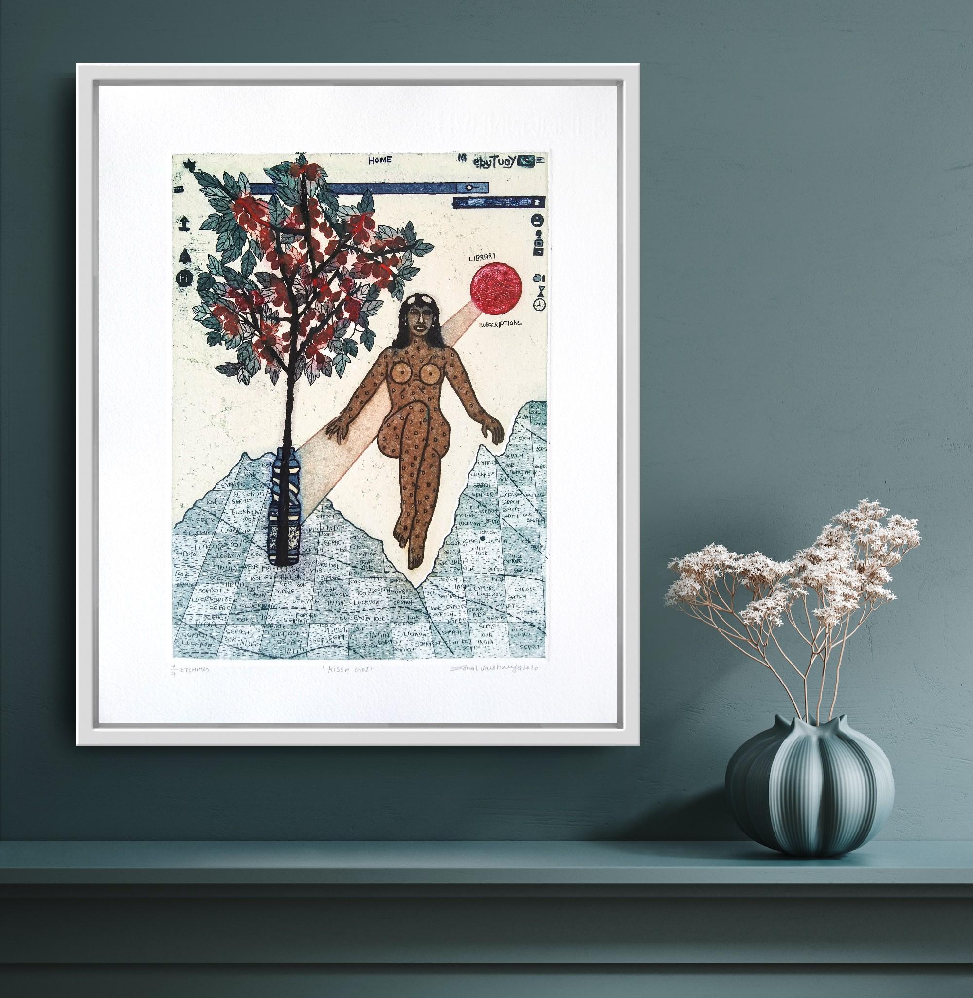 Pop Art Edition 2/5 Etching India Lucknow Artist Woman Map Tree Woman Blue For Sale 9