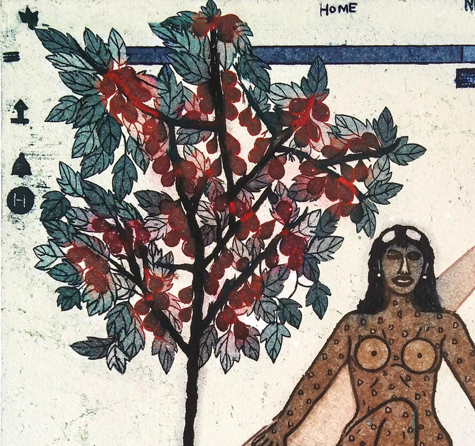 Pop Art Edition 2/5 Radierung India Lucknow Künstlerin Frau Karte Baum Frau Blau – Print von Sonal Varshneya Ojha
