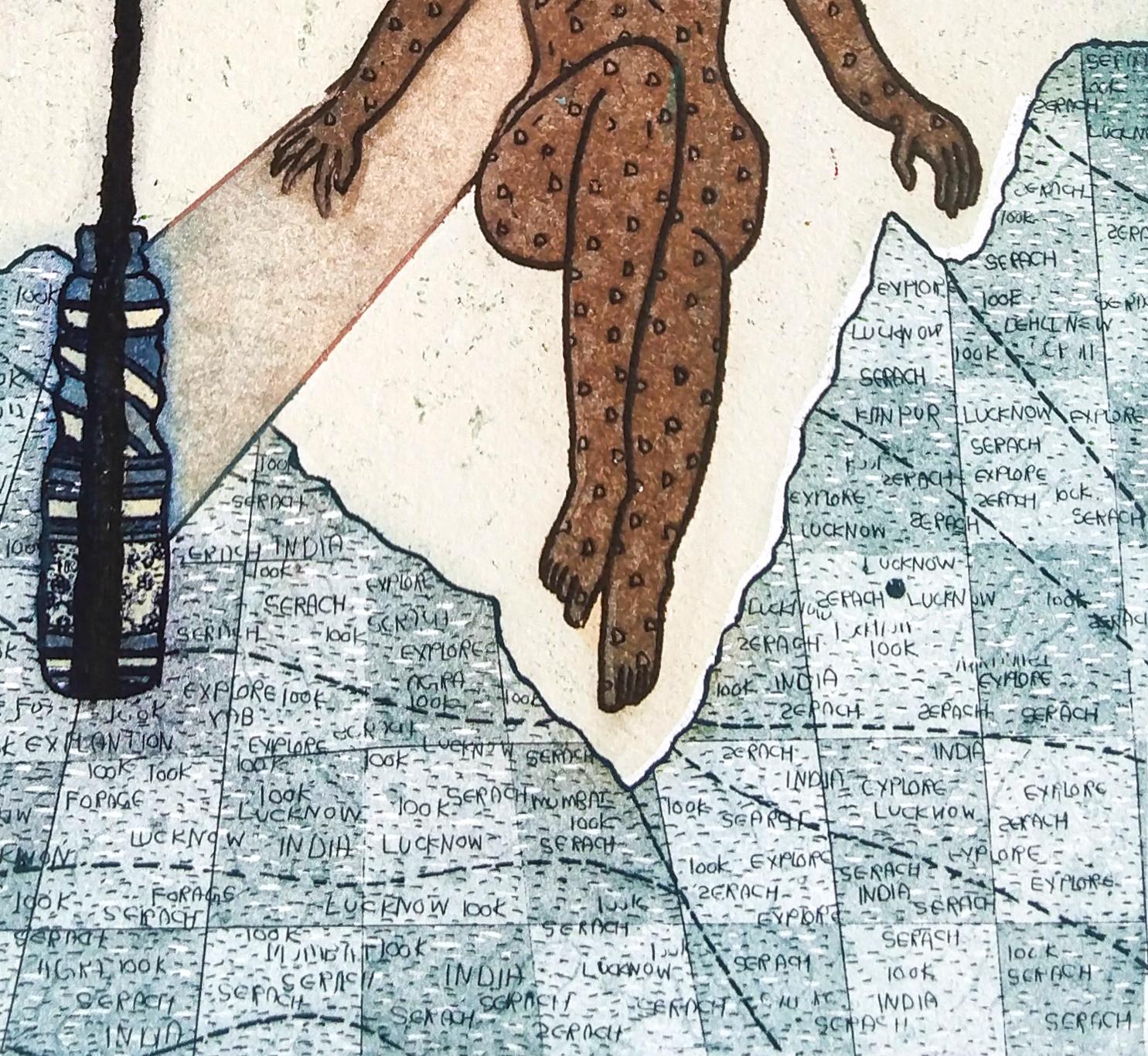 Pop Art Edition 2/5 Etching India Lucknow Artist Woman Map Tree Woman Blue - Surrealist Print by Sonal Varshneya Ojha