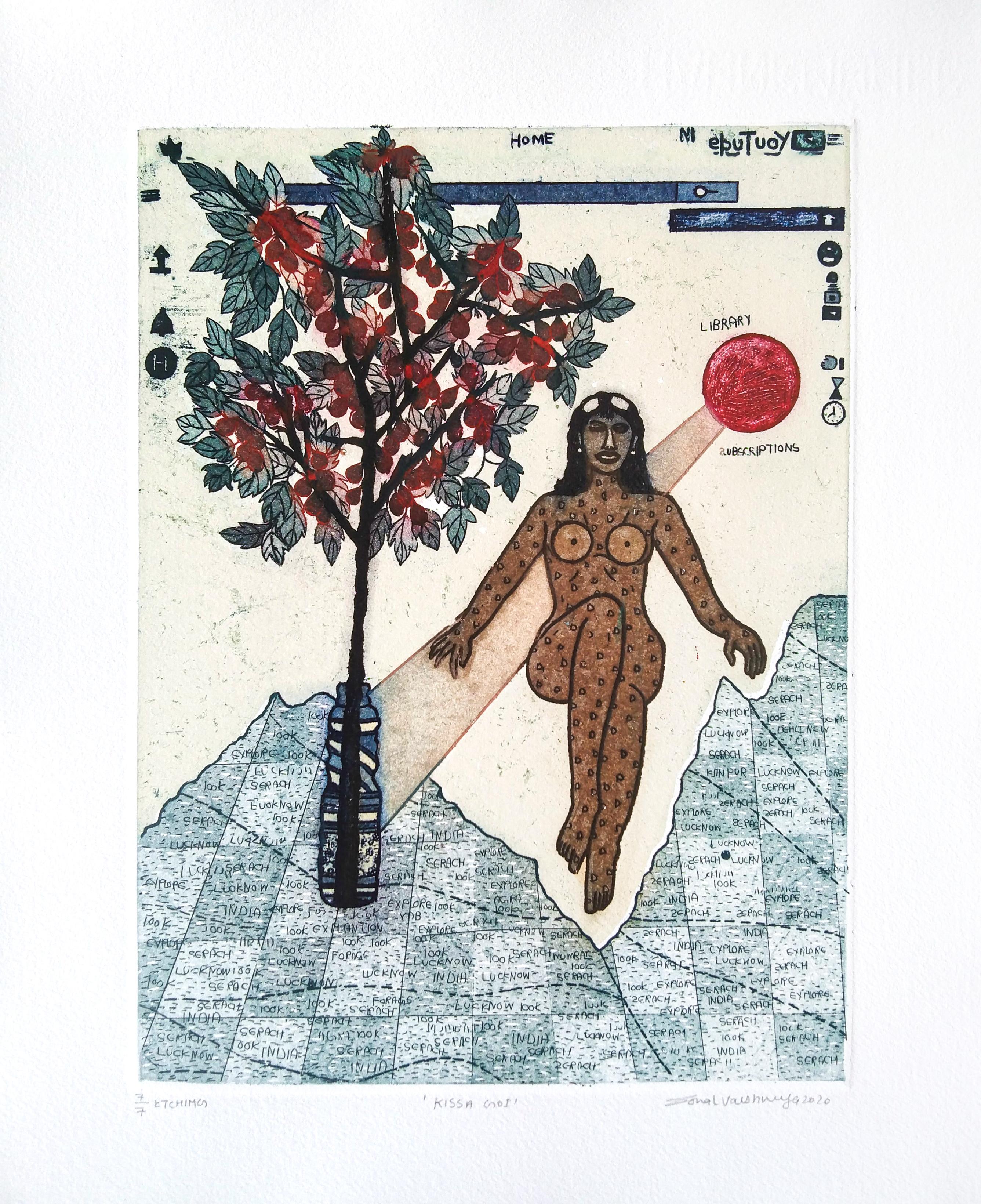 Pop Art Edition 2/5 Etching India Lucknow Artist Woman Map Tree Woman Blue - Gray Figurative Print by Sonal Varshneya Ojha