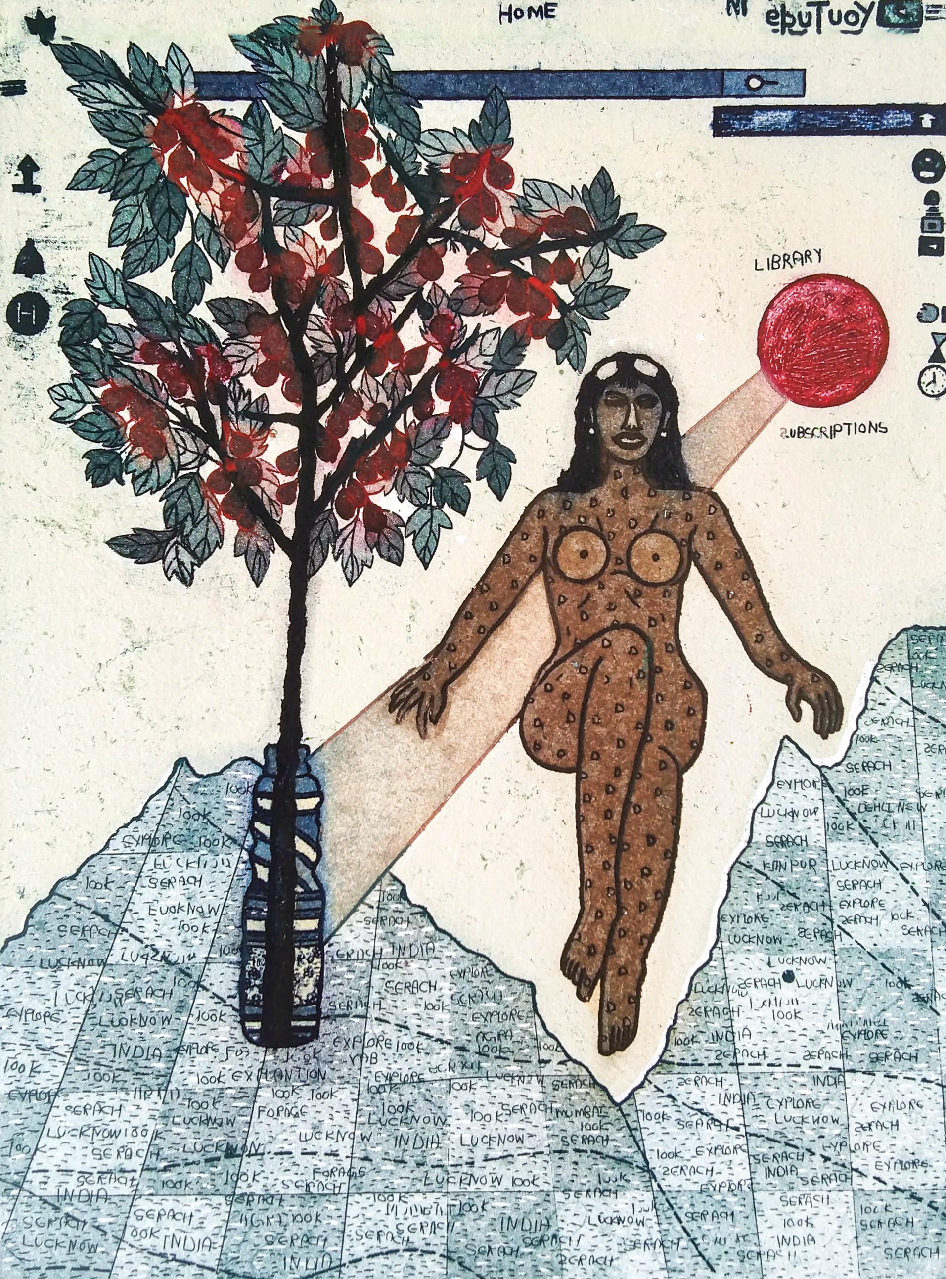 Sonal Varshneya Ojha Figurative Print – Pop Art Edition 2/5 Radierung India Lucknow Künstlerin Frau Karte Baum Frau Blau