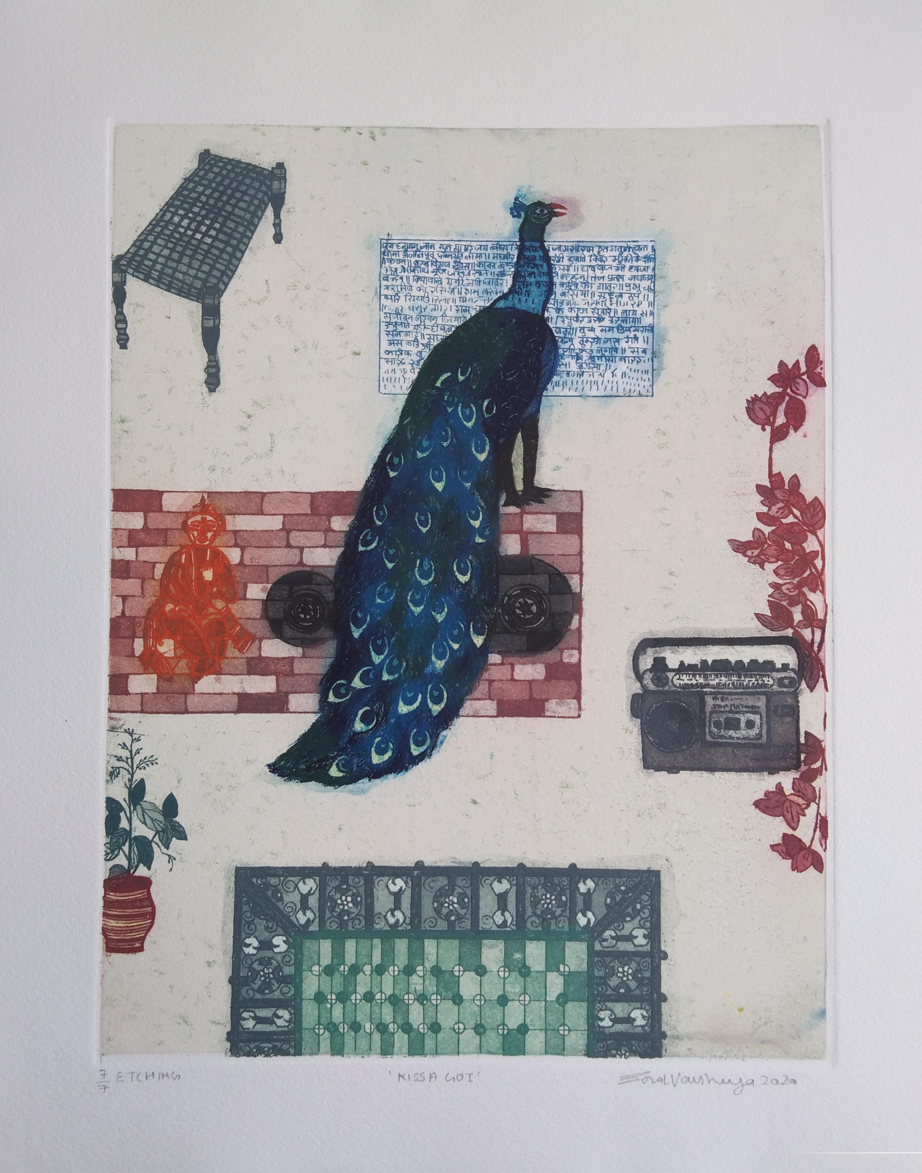  Pop Art Edition 2/5 Etching Indian Lucknow Artist Woman Blue Red Peacock - Print by Sonal Varshneya Ojha
