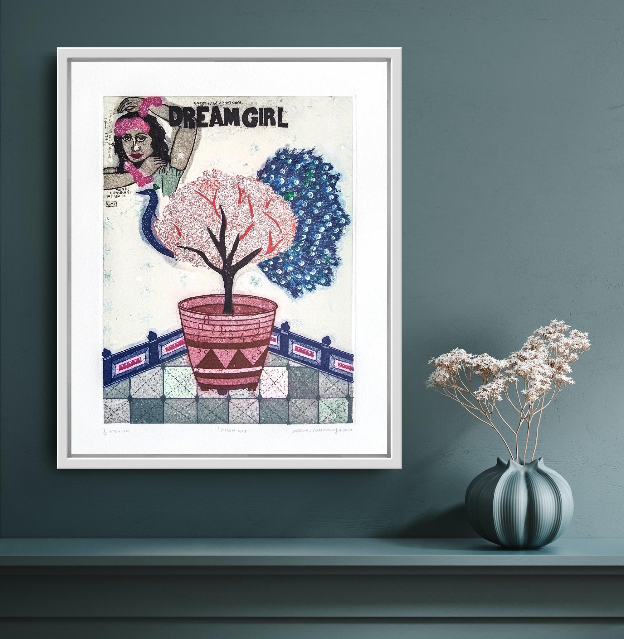 Pop Art Ltd Edition 2/5 Etching Lucknow Indian Artist Woman Girl Pink Blue Tree For Sale 9
