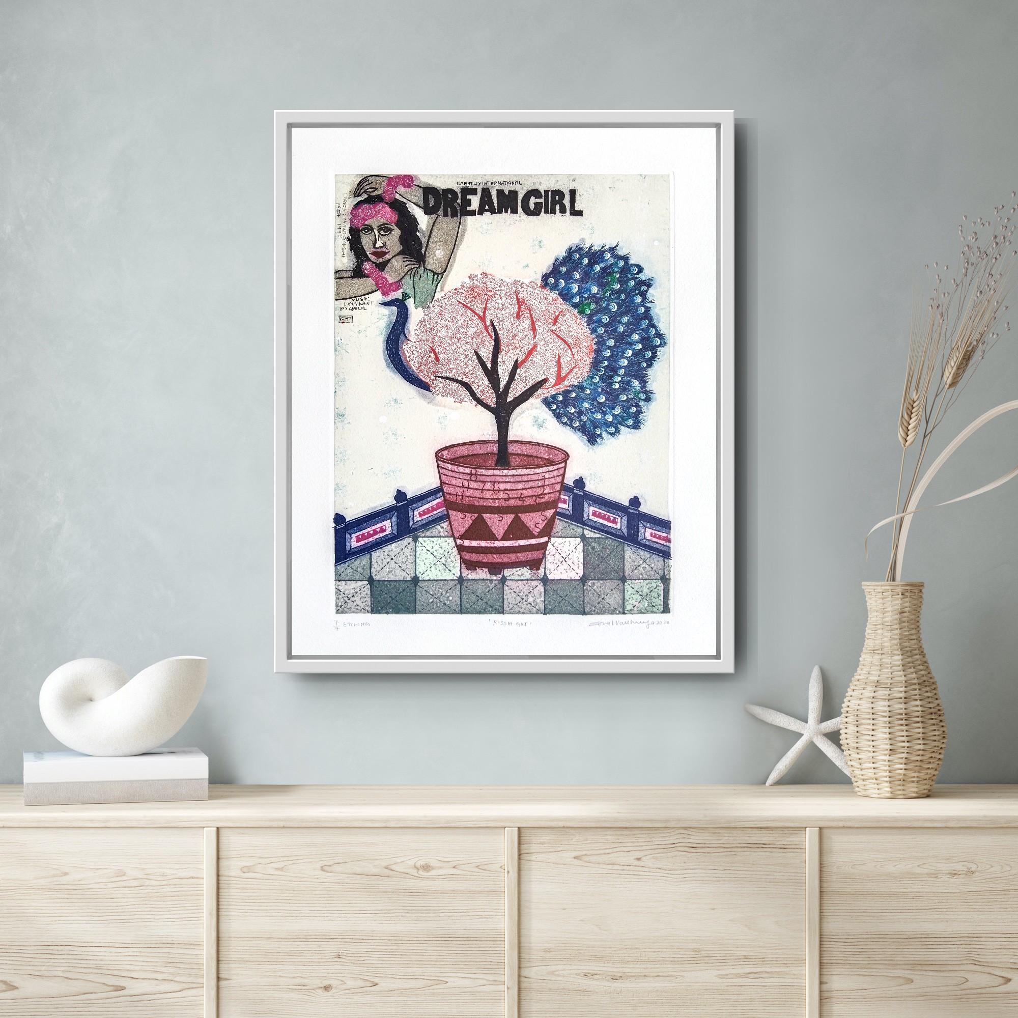 Pop Art Ltd Edition 2/5 Etching Lucknow Indian Artist Woman Girl Pink Blue Tree For Sale 12