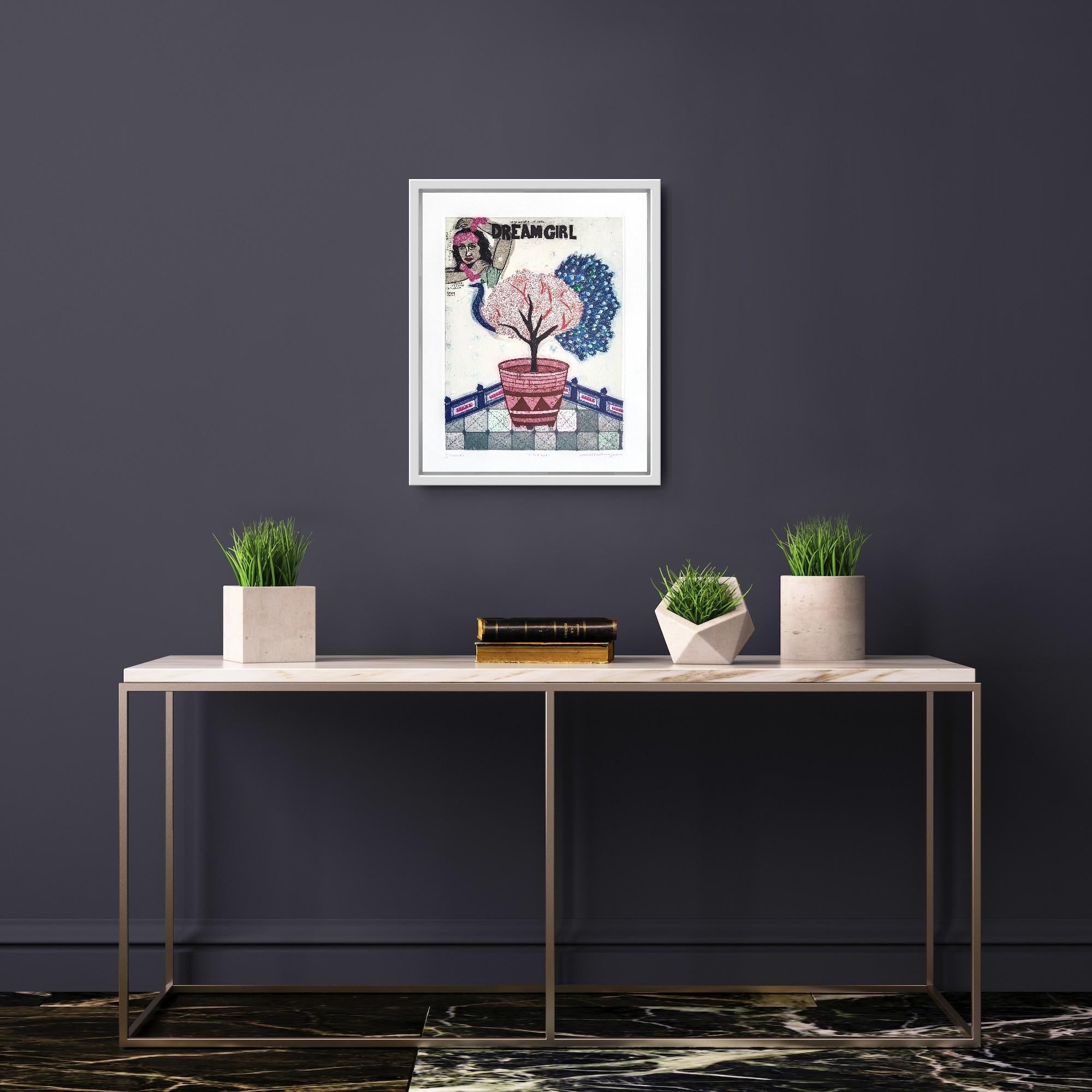 Pop Art Ltd Edition 2/5 Etching Lucknow Indian Artist Woman Girl Pink Blue Tree For Sale 10