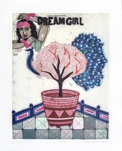 Gravure Pop Art édition limitée 2/5 de l'artiste indienne de Lucknow Femme fille en arbre bleu et rose