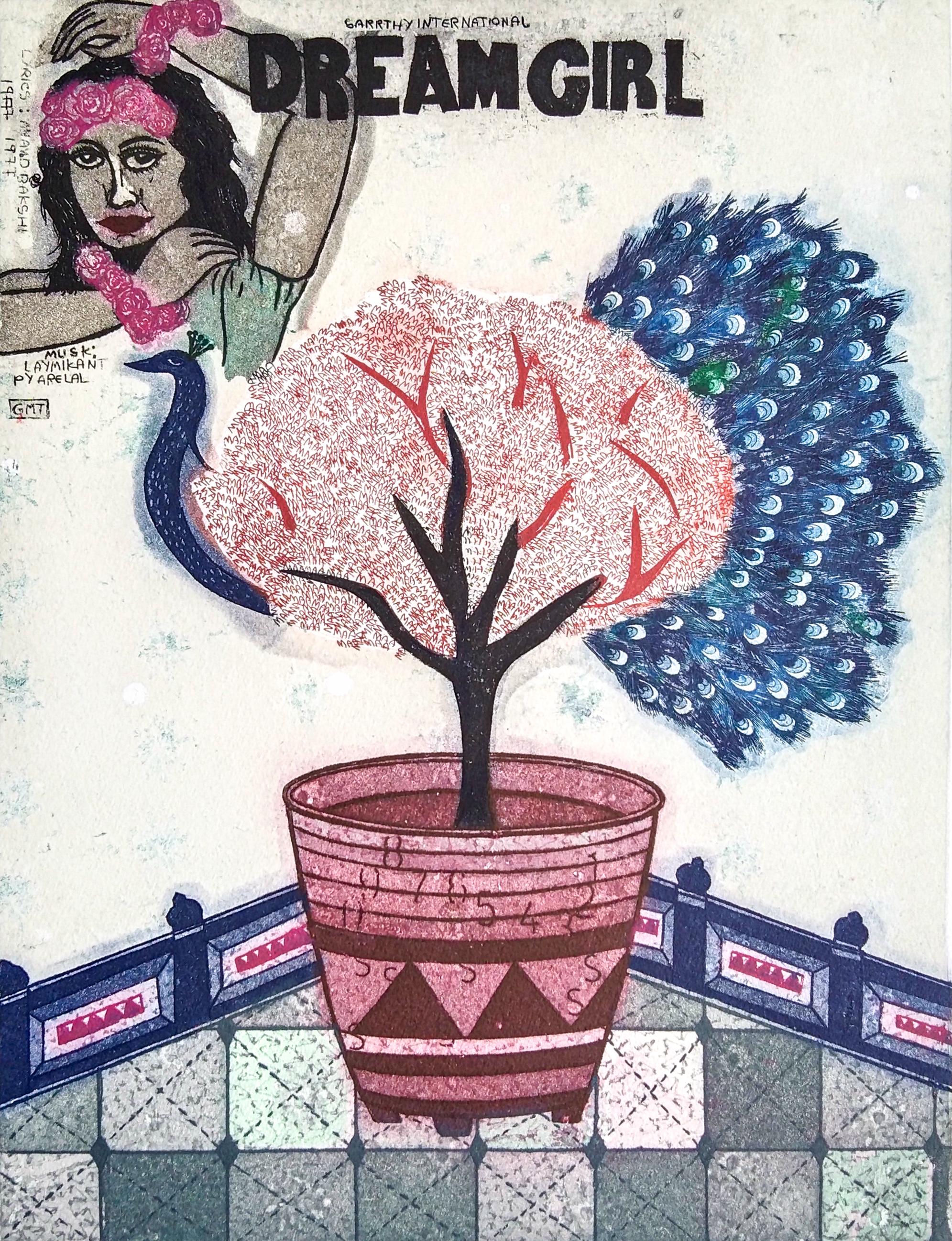 Gravure Pop Art édition limitée 2/5 de l'artiste indienne de Lucknow Femme fille en arbre bleu et rose