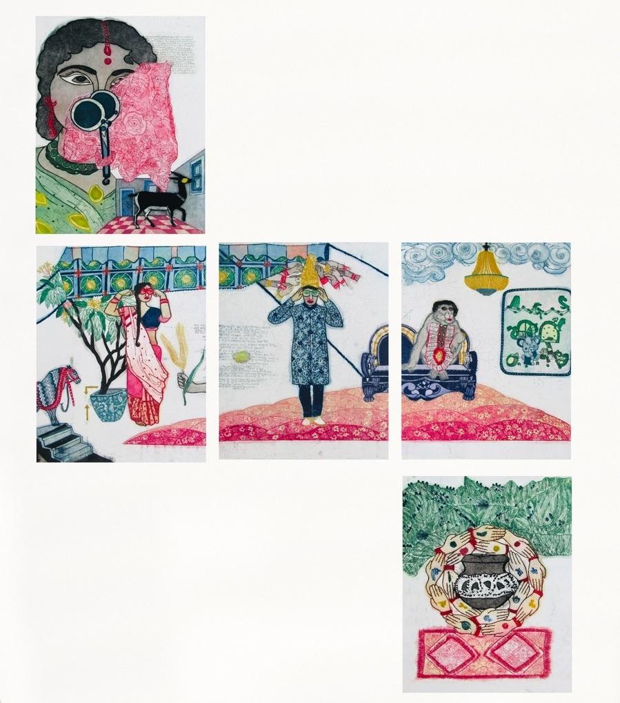 Sonal Varshneya Ojha Print - Set 5 Etchings Installation Ed 4/7 Indian Female Artist Surreal Pop Pink Blue