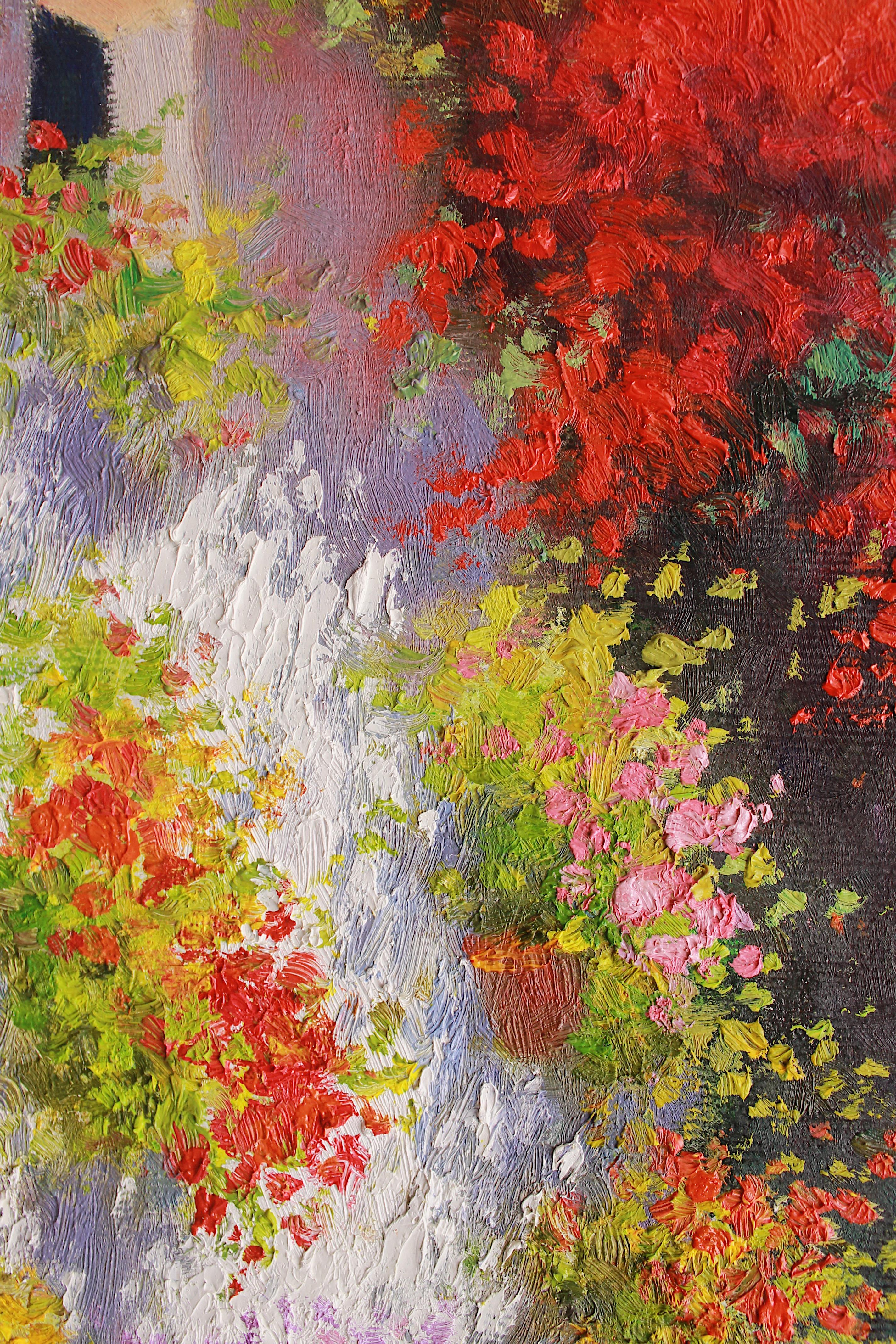 Arches and bougainvilleas - Original oil painting - Impressionist - Painting by Sonco Carrasco
