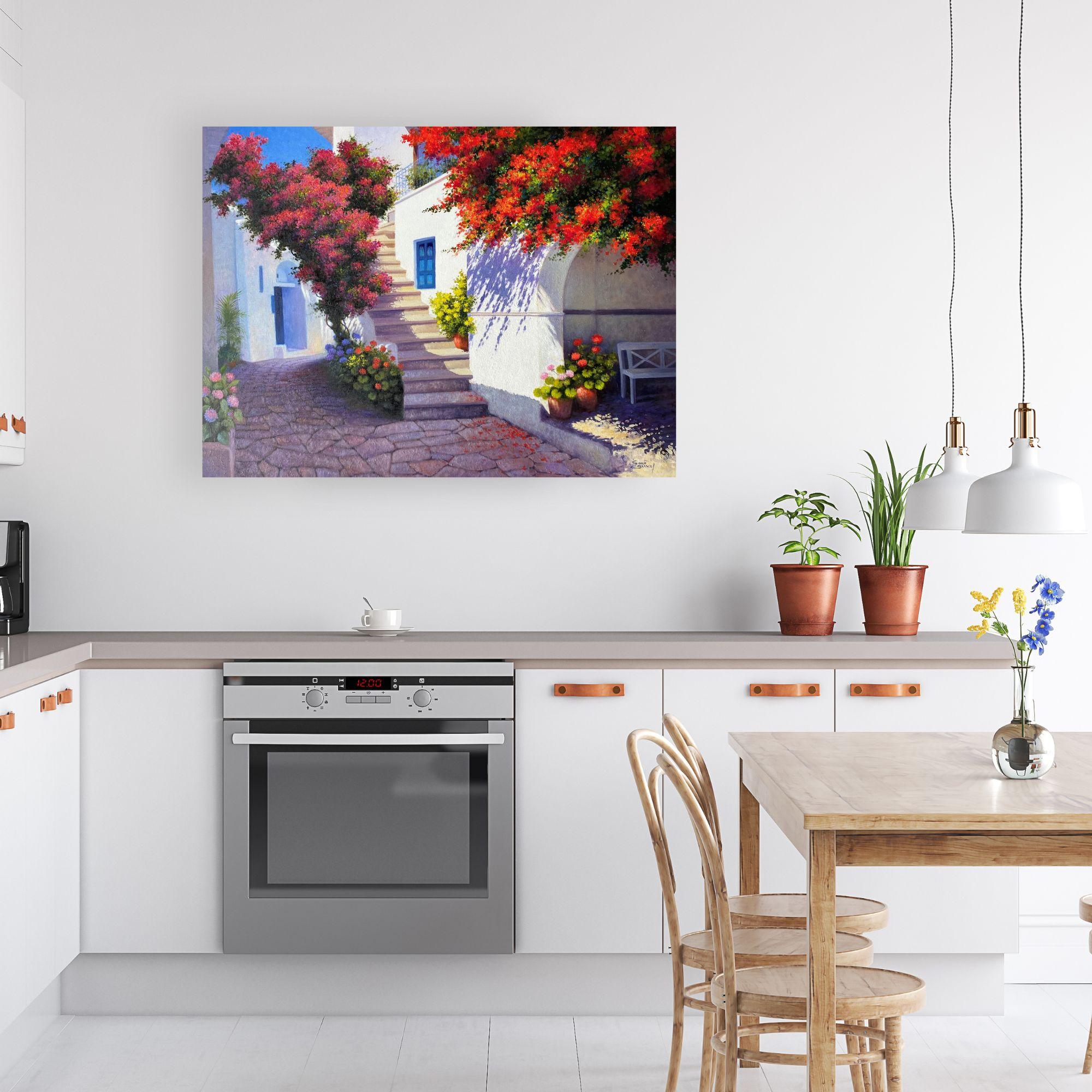 Blue window-original impressionism cityscape floral painting-contemporary Art - Painting Impressionismo di Sonco Carrasco