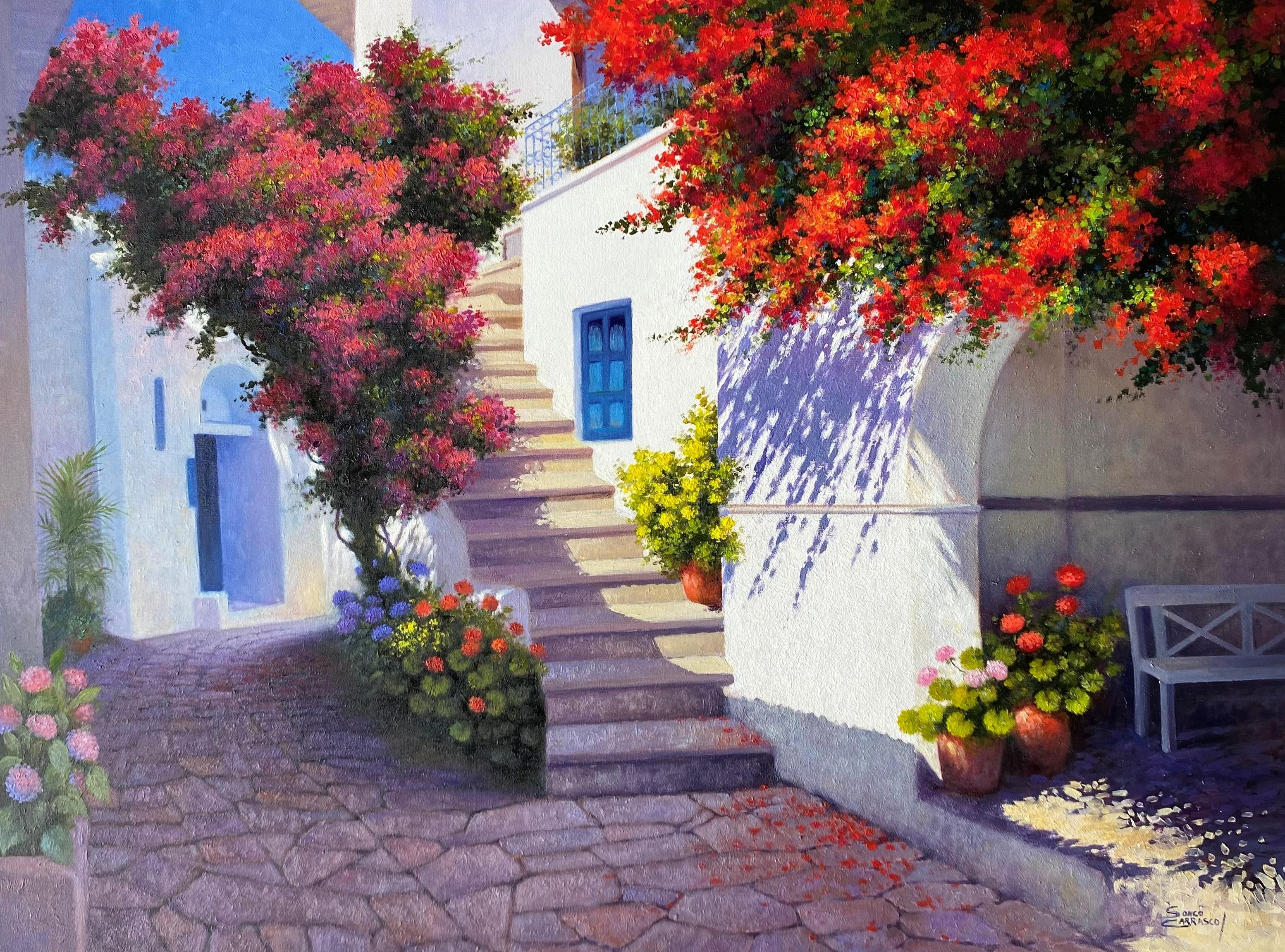 Blue window-original impressionism cityscape floral painting-contemporary Art - Painting di Sonco Carrasco