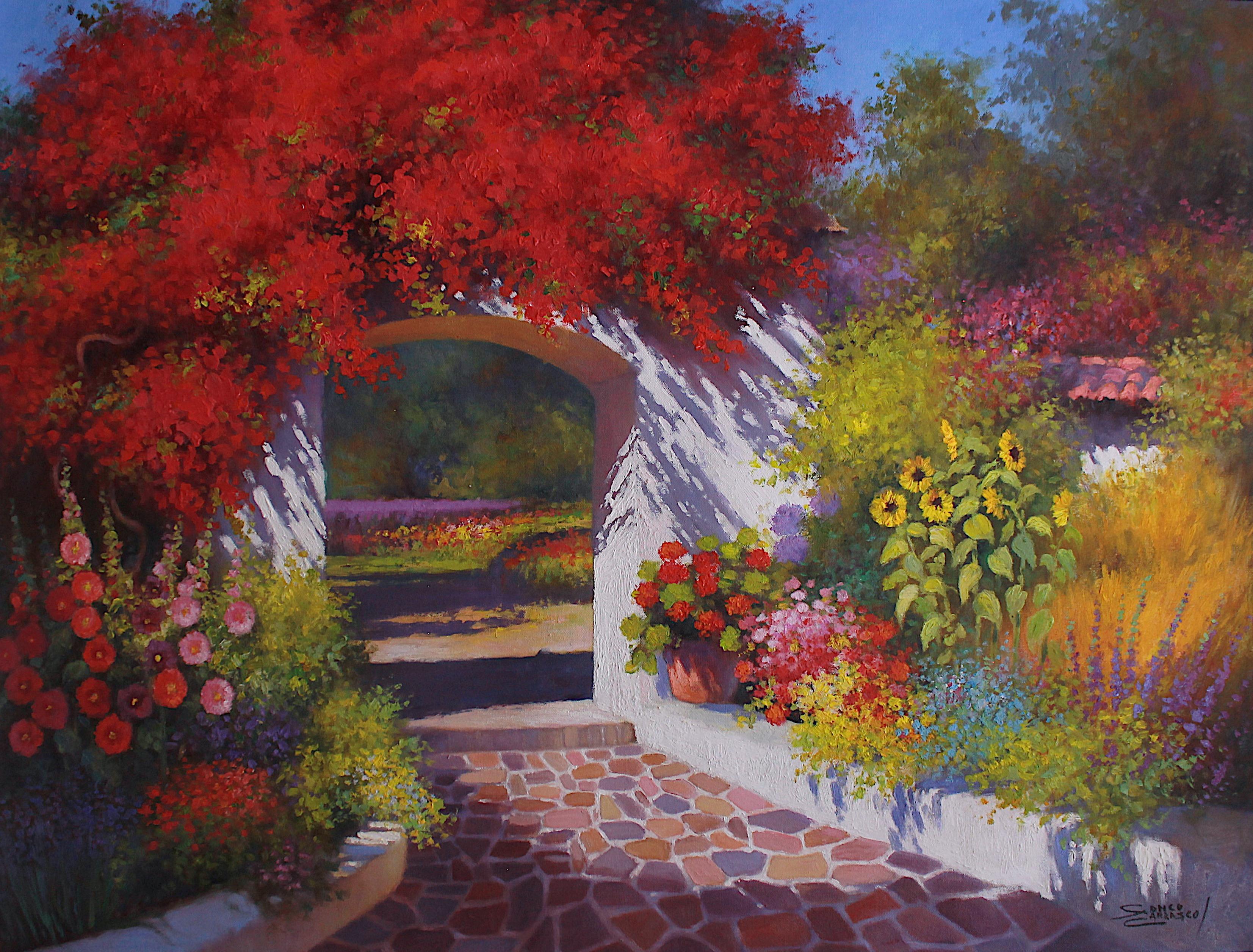 Sonco Carrasco Landscape Painting - Floral Pathway - Original oil painting - Impressionist