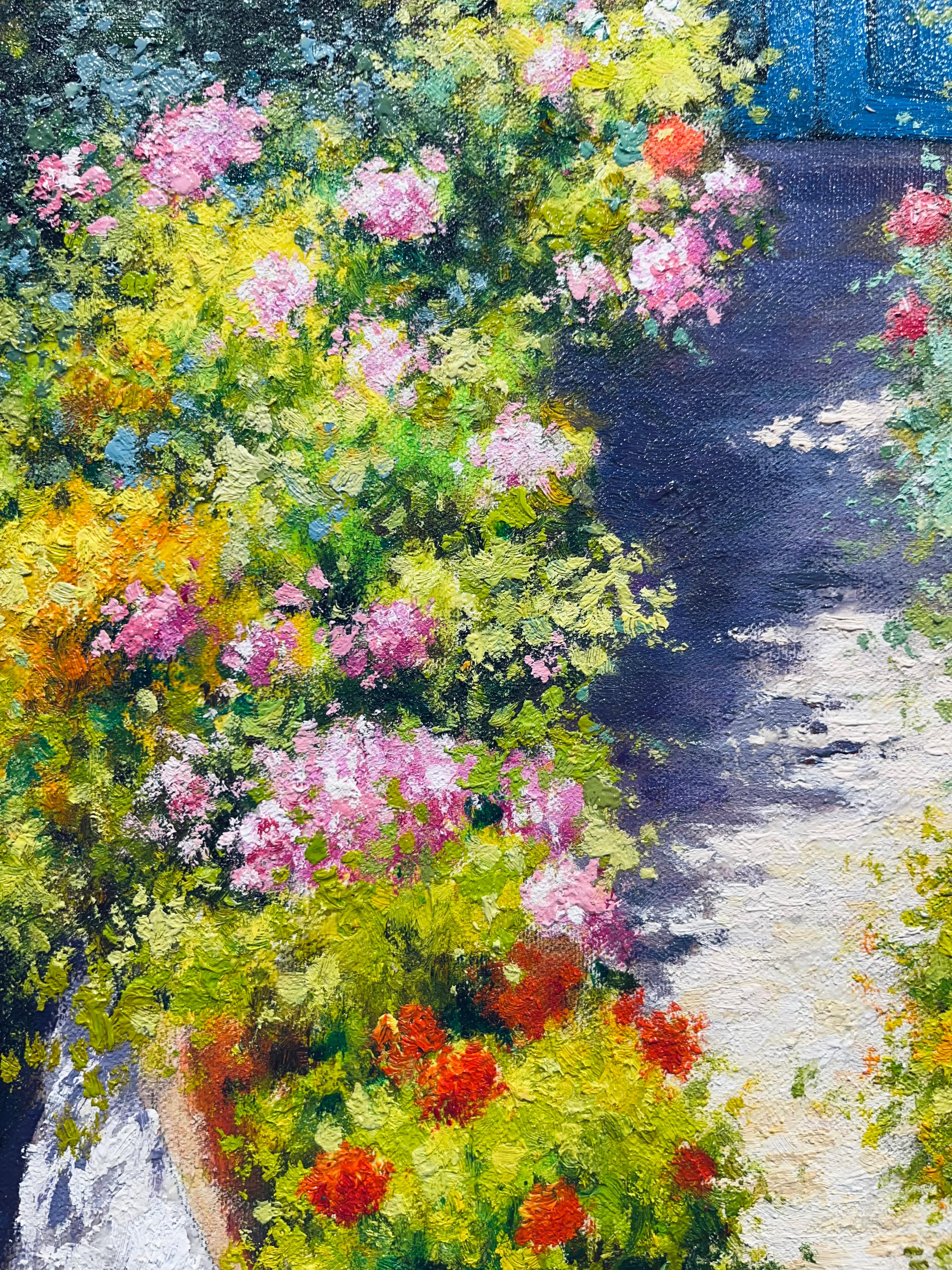 Summer Morning-original floral impressionism cityscape painting-contemporary art For Sale 2