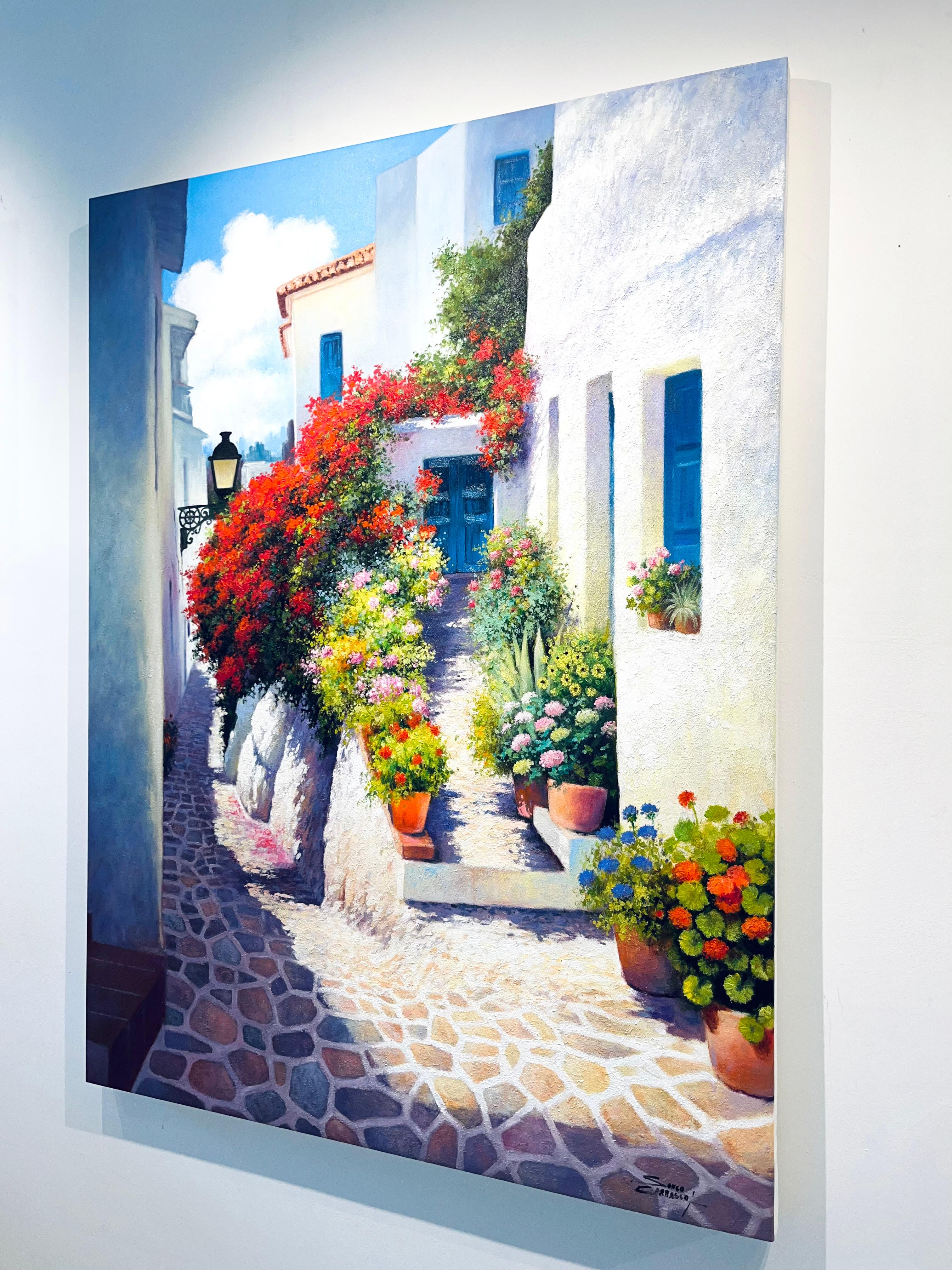 Summer Morning-original impressionism floral cityscape painting-contemporary art - Landscape Painting Gris de Sonco Carrasco