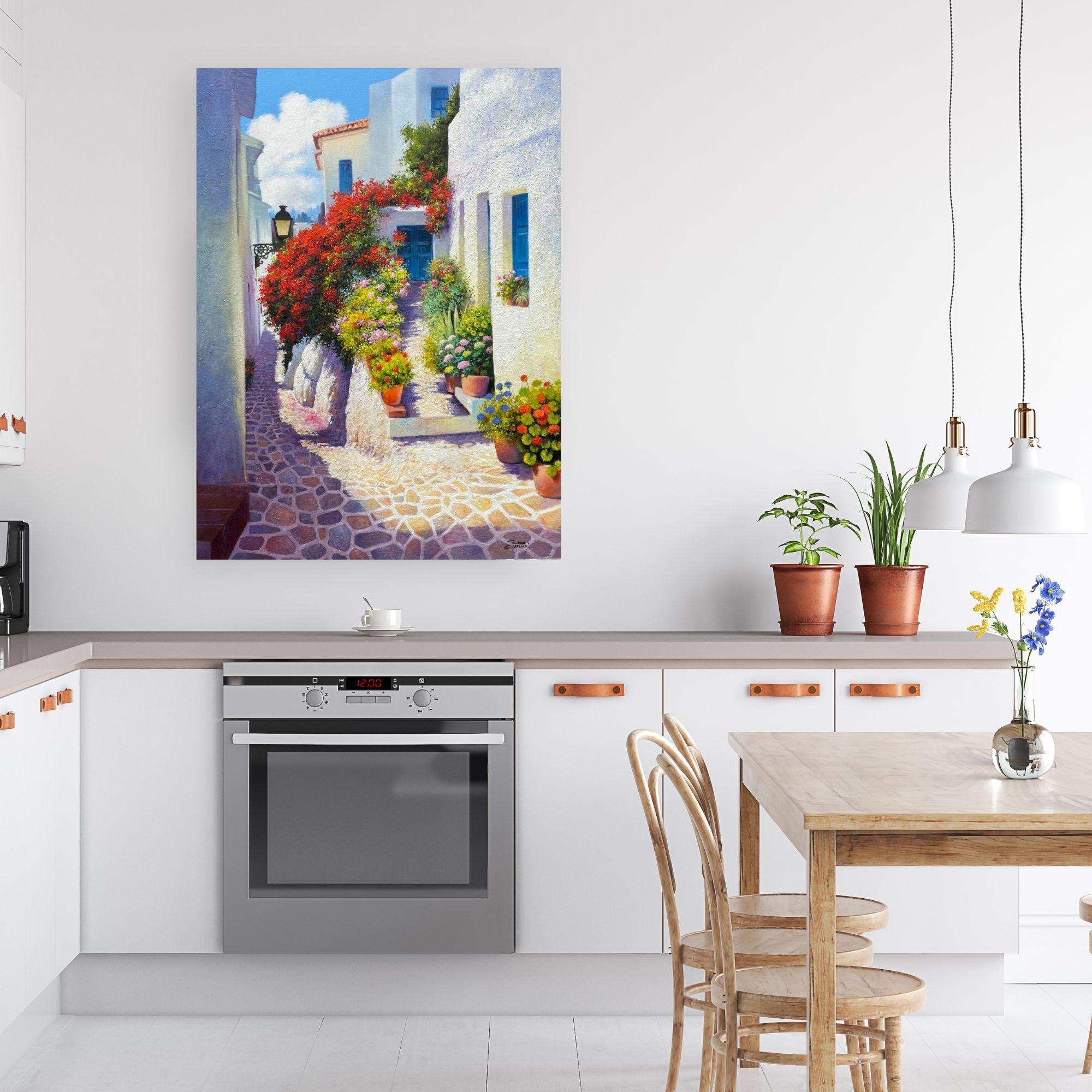 Summer Morning-original impressionism floral cityscape painting-contemporary art en venta 1