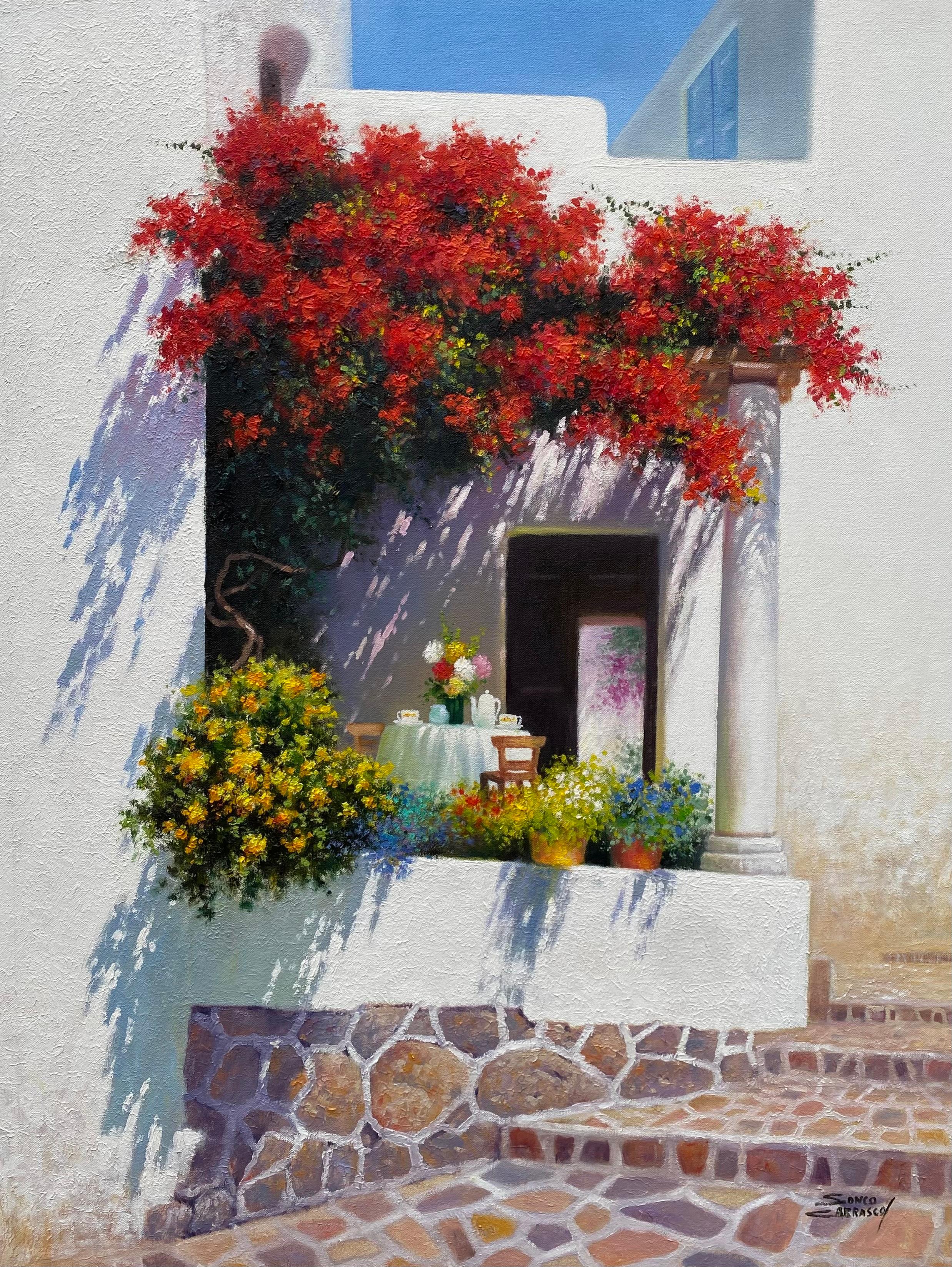 Sunlit Haven-original floral impressionism cityscape painting-contemporary Art - Painting by Sonco Carrasco