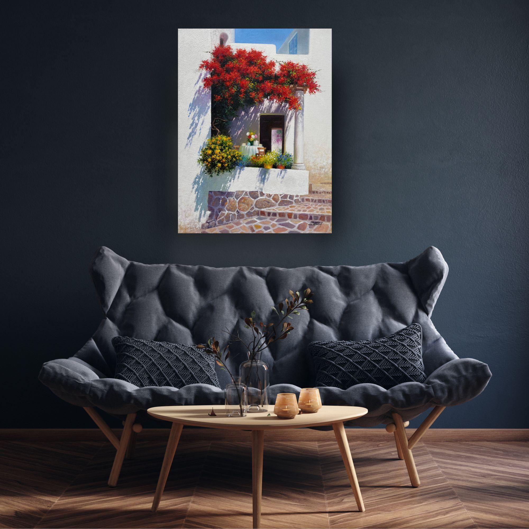 Sunlit Haven-originale impressionistische florale Stadtlandschaft Malerei-zeitgenössische Kunst (Grau), Landscape Painting, von Sonco Carrasco