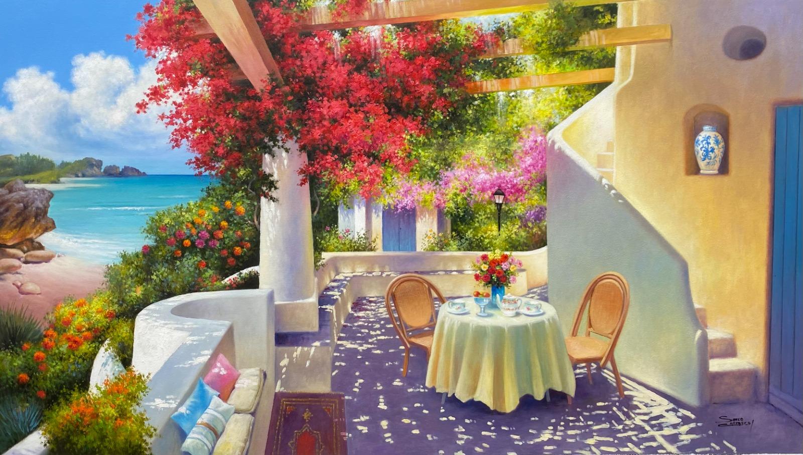 Sonco Carrasco Landscape Painting - Sunlit Terrace Blooms-original impressionism seascape-still life painting-Art