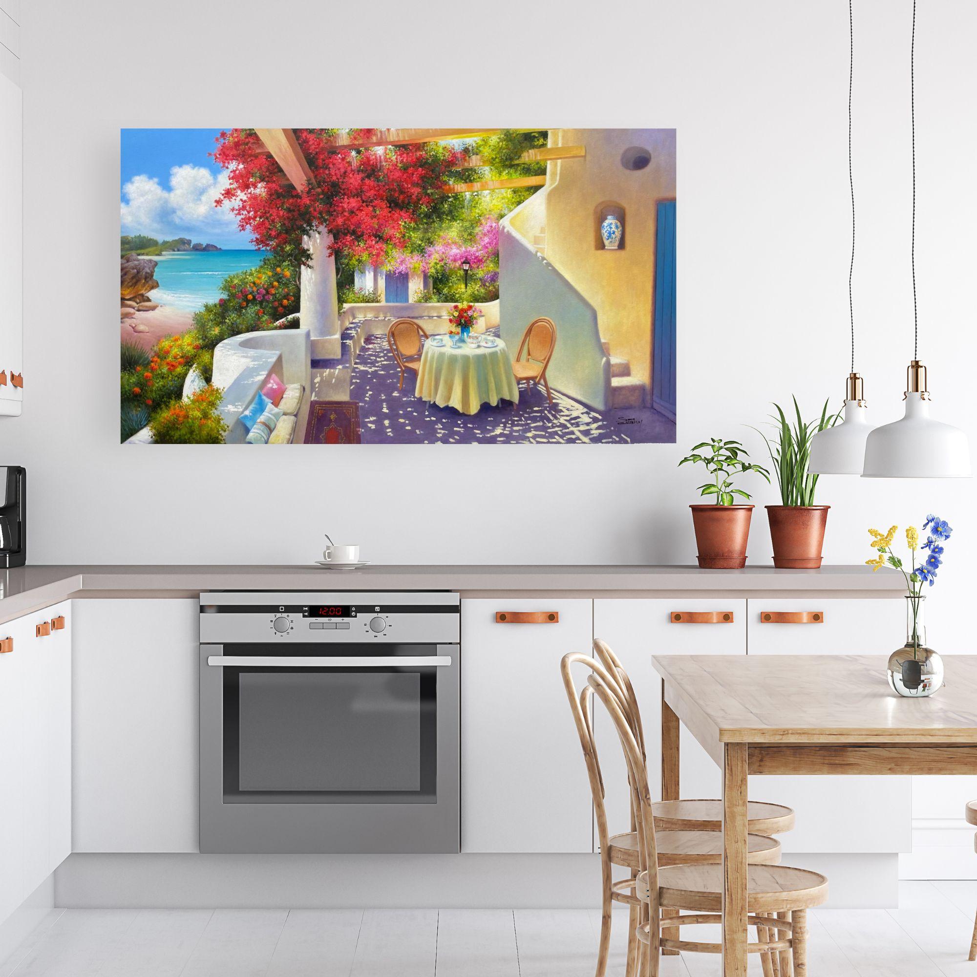 Sunlit Terrace Blooms – Original-Impressionismus-Stillleben- Meereslandschaftsgemälde-Kunst – Painting von Sonco Carrasco