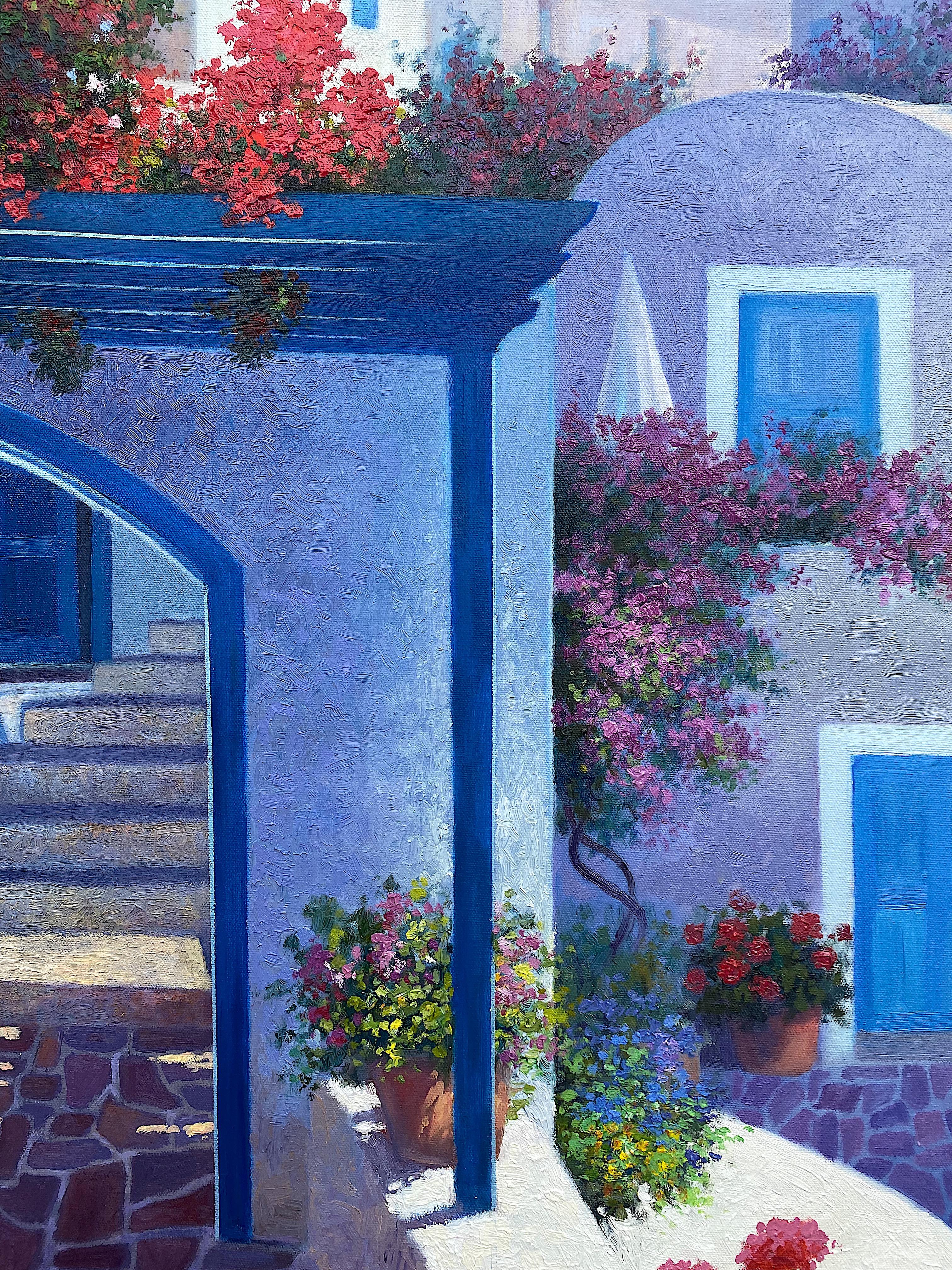 Sunny day in Greece with bougainvilleas - Original oil painting - Impressionist - Painting by Sonco Carrasco