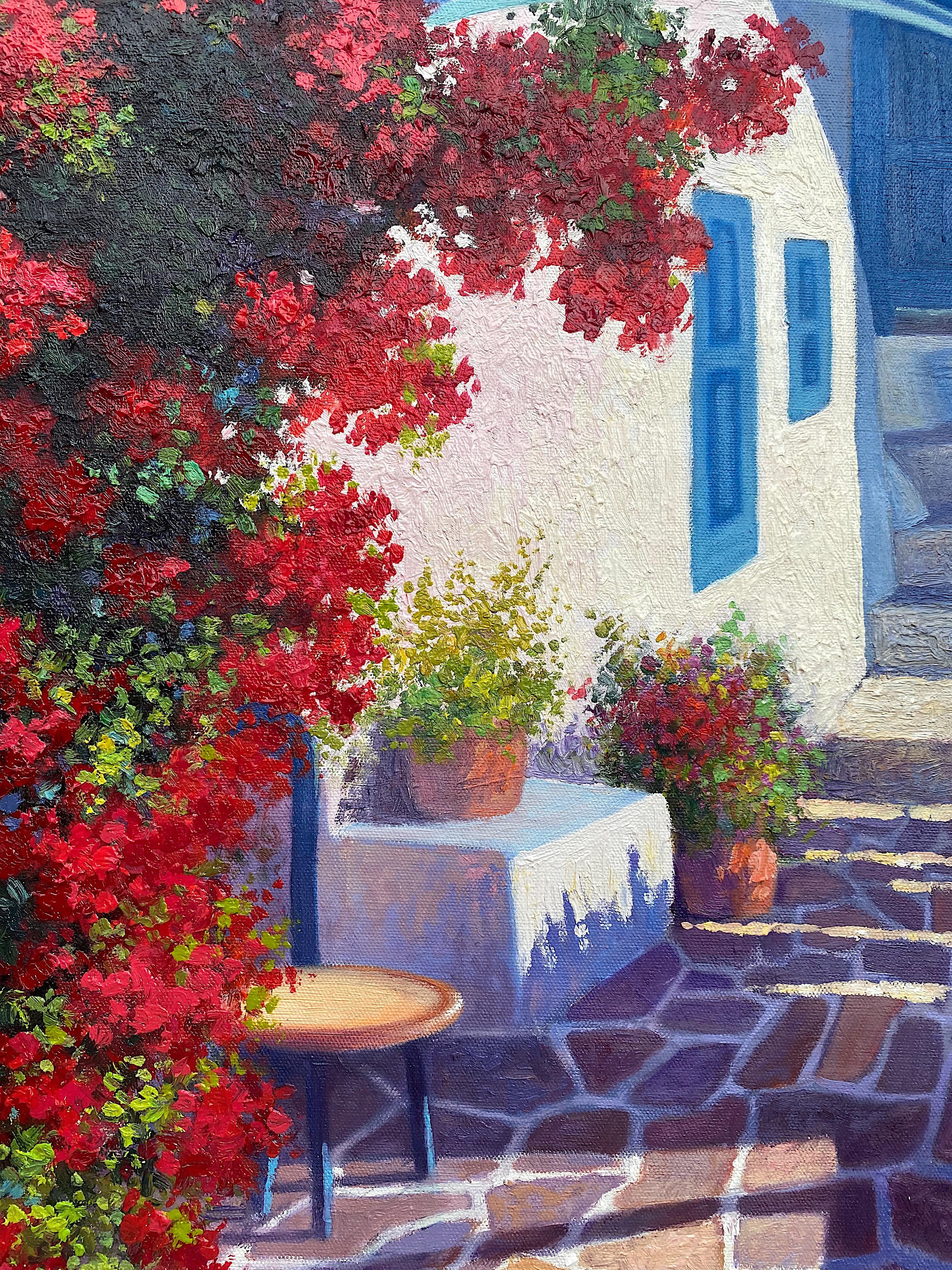 Sunny day in Greece with bougainvilleas - Original oil painting - Impressionist - Gray Landscape Painting by Sonco Carrasco
