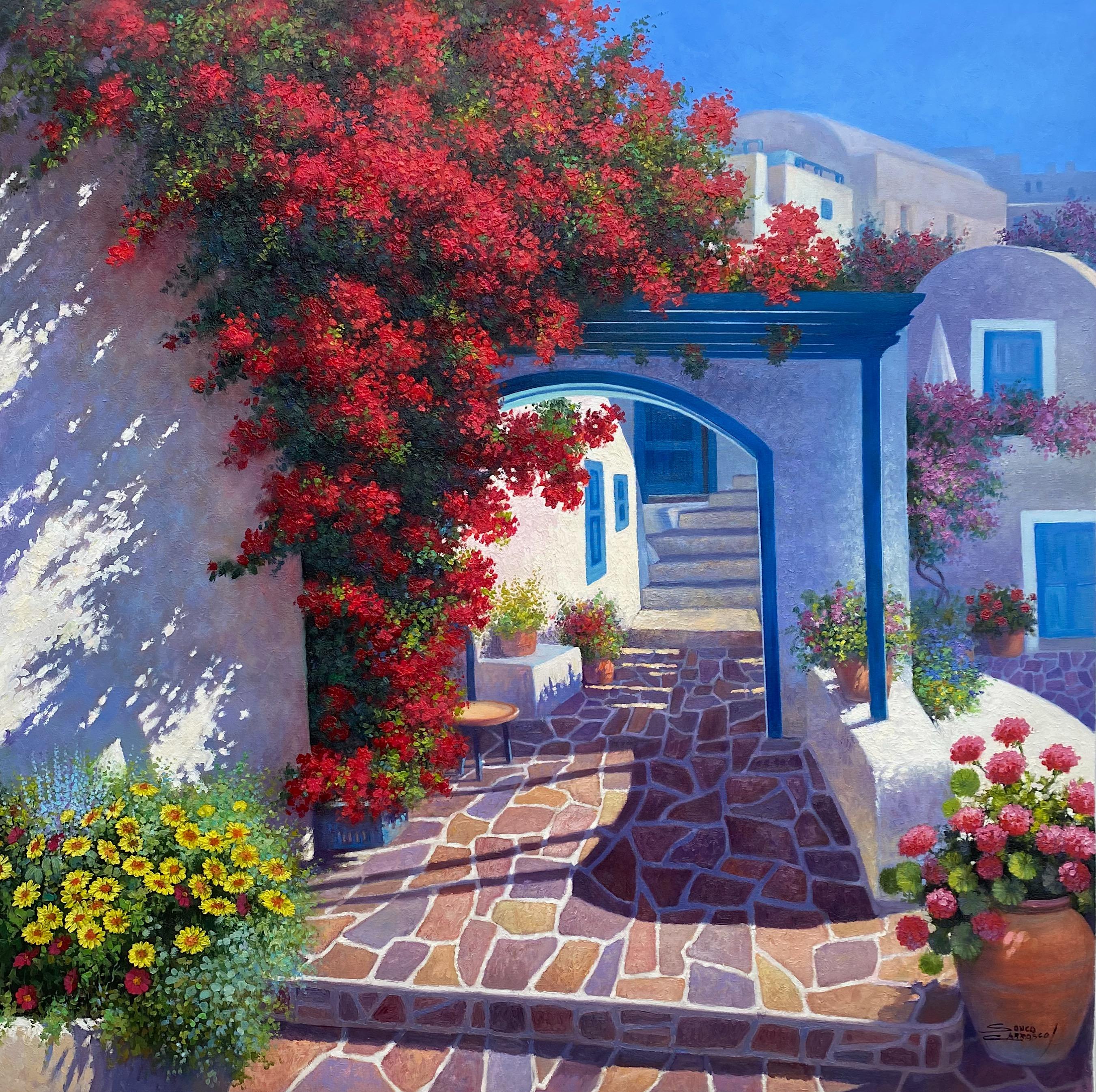 Sonco Carrasco Landscape Painting - Sunny day in Greece with bougainvilleas - Original oil painting - Impressionist
