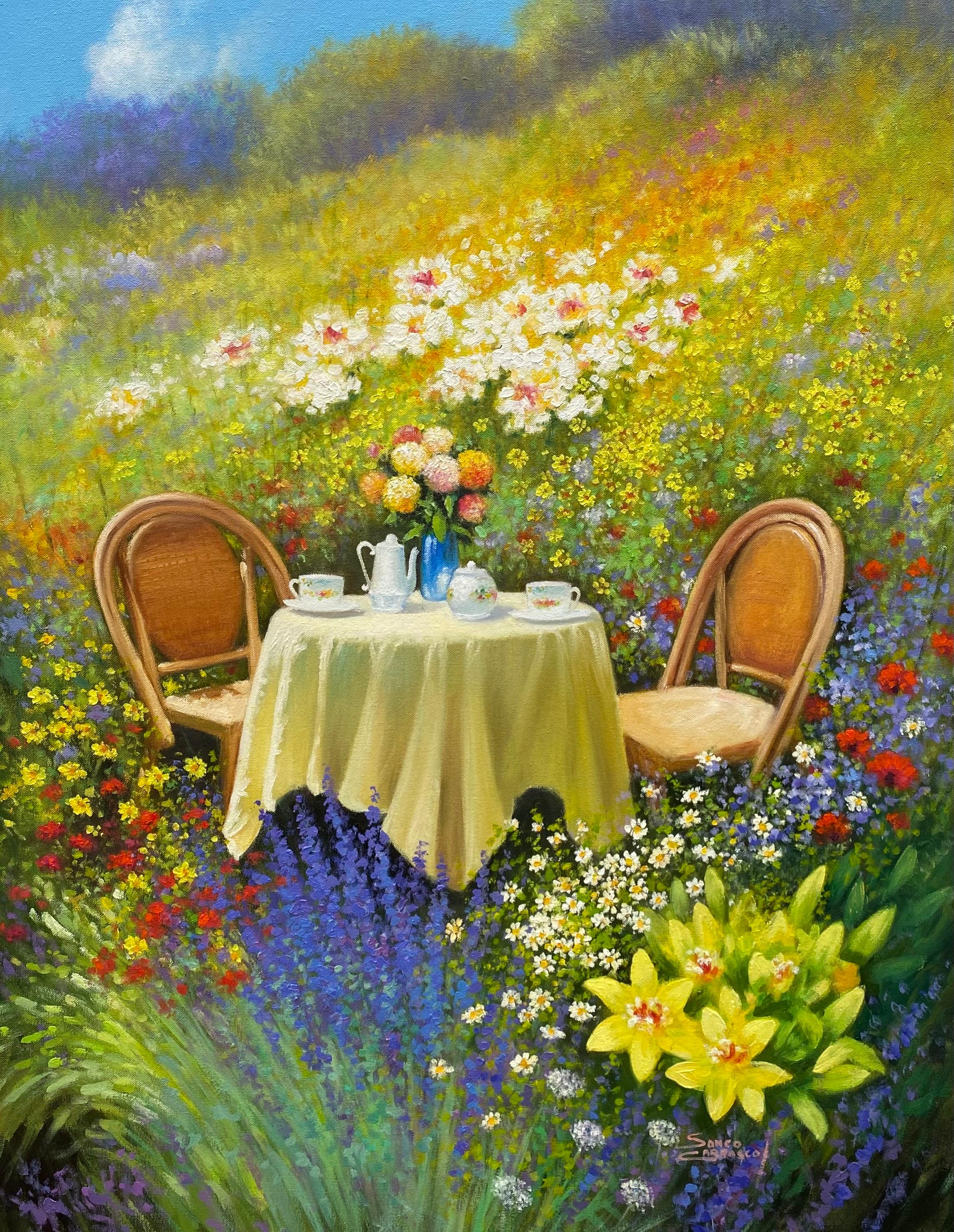Tea Time-original impressionism floral landscape-still life oil painting-artwork - Painting by Sonco Carrasco